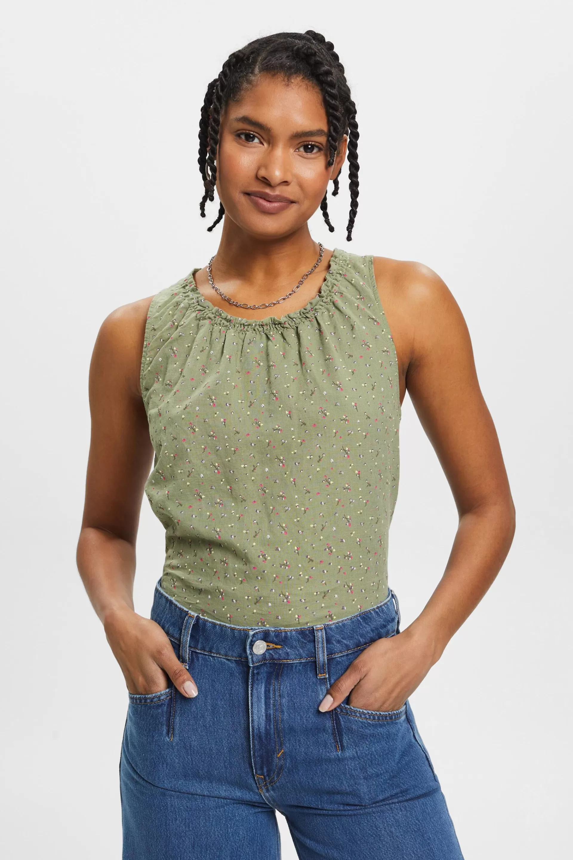 Ärmellose Leinenbluse mit floralem Print-ESPRIT Cheap