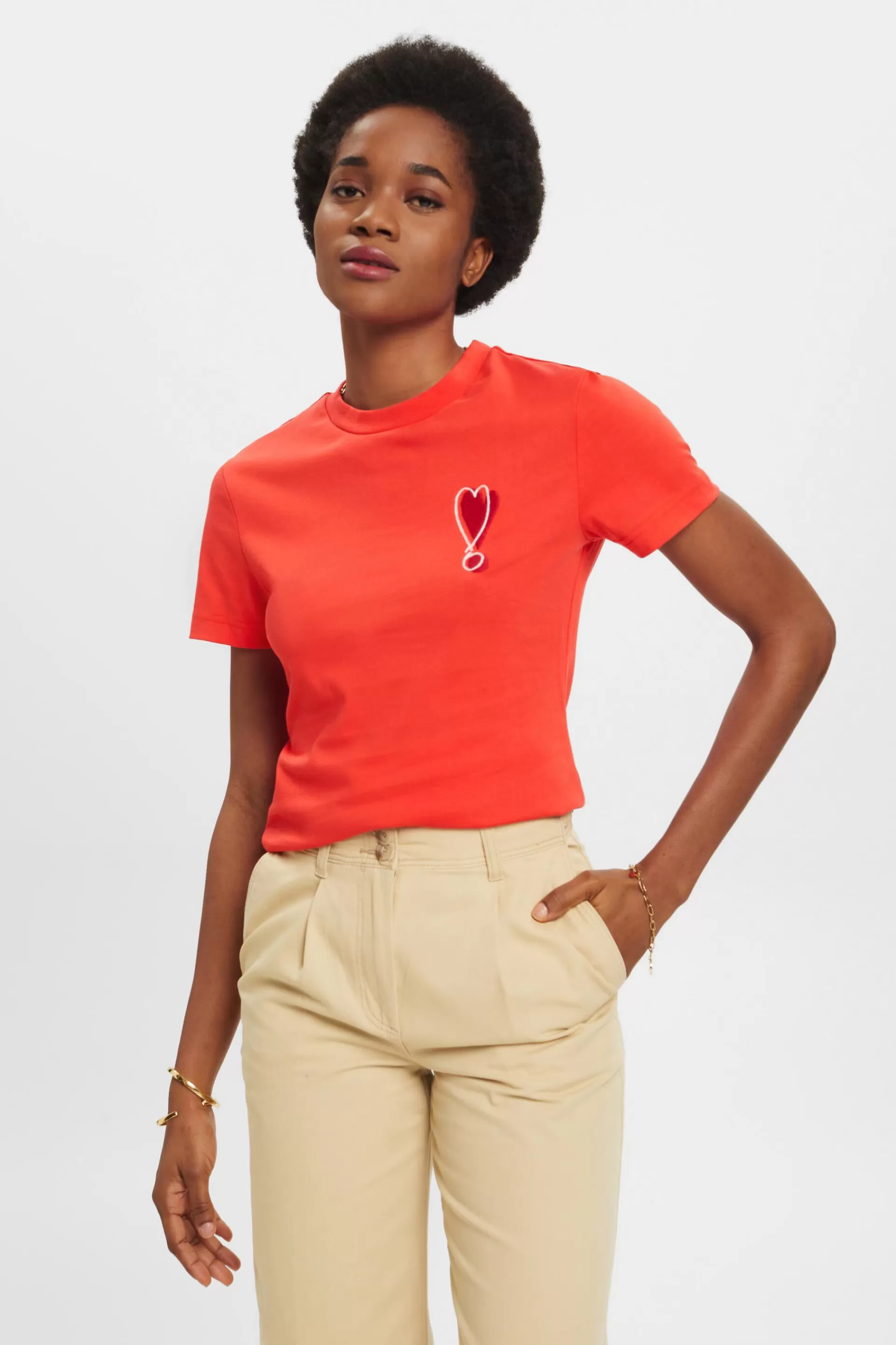 Baumwoll-T-Shirt mit gesticktem Herzmotiv-ESPRIT Outlet