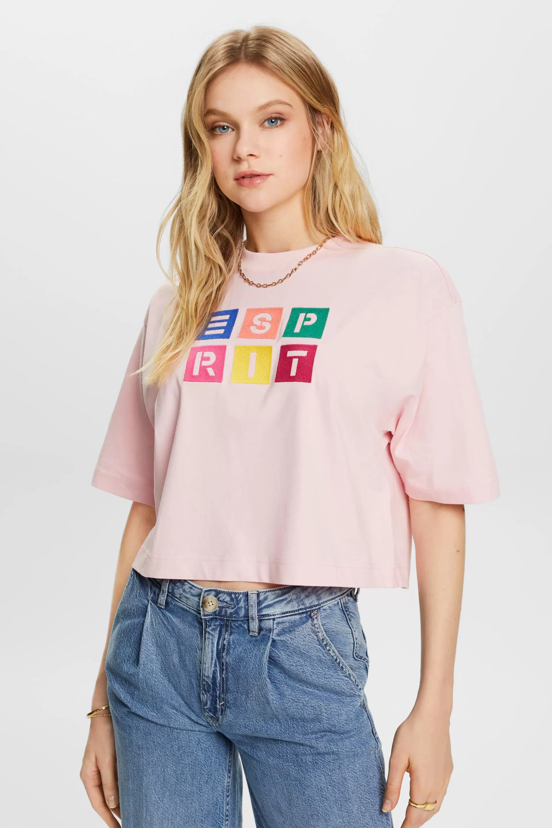 Baumwoll-T-Shirt mit Logostickerei-ESPRIT Shop