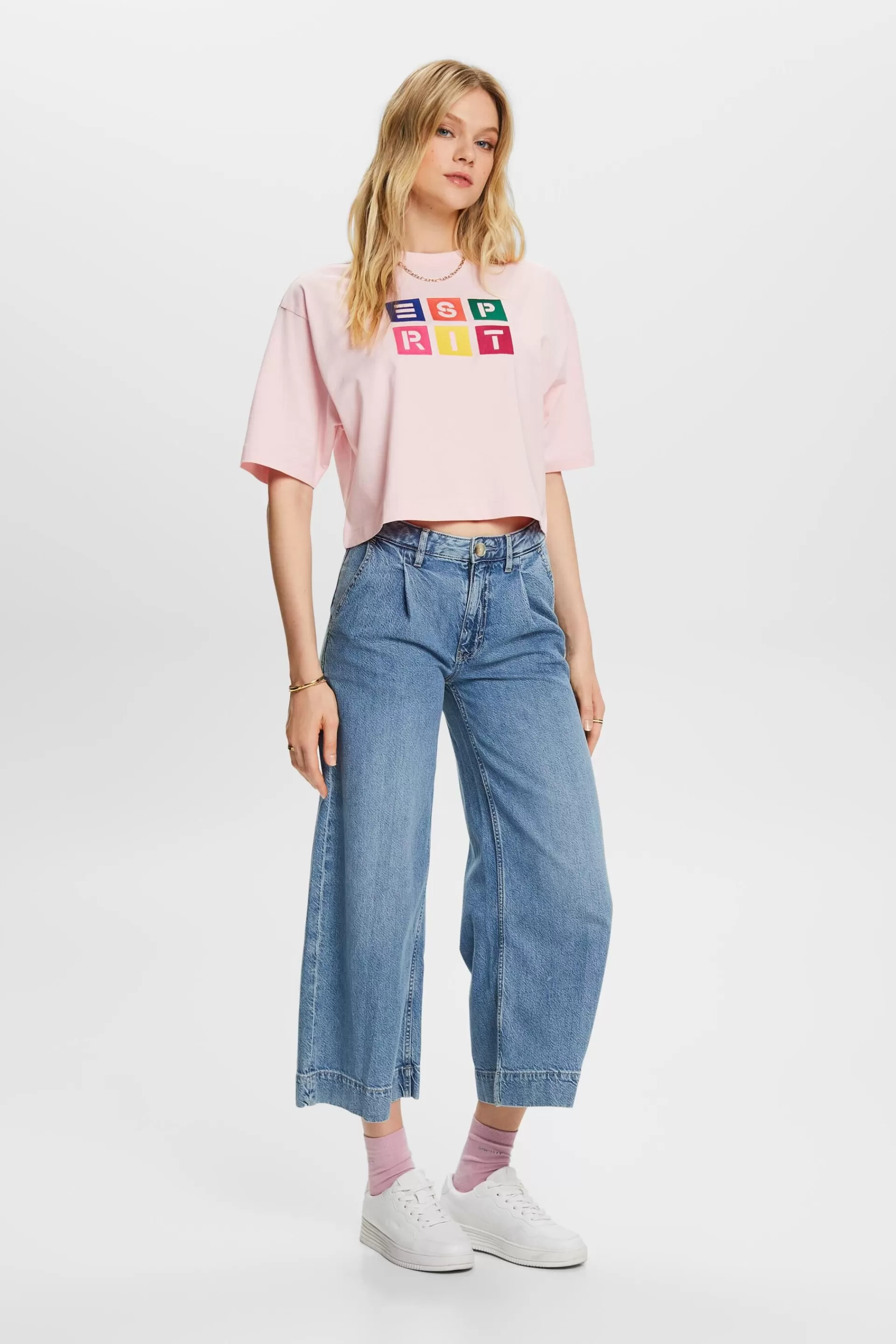 Baumwoll-T-Shirt mit Logostickerei-ESPRIT Shop
