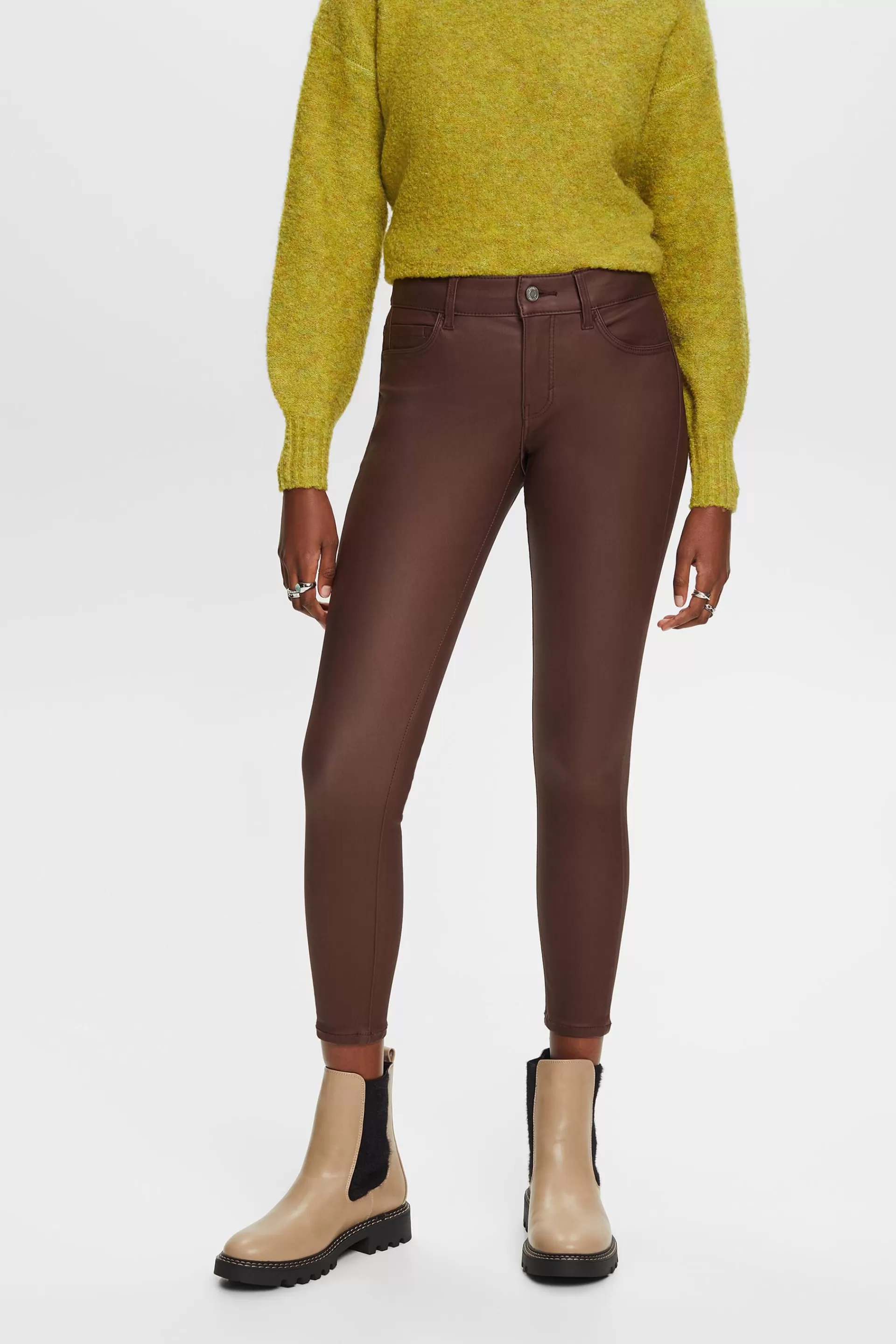 Beschichtete Hose mit schmalem Bein und mittlerer Bundhöhe-ESPRIT Hot