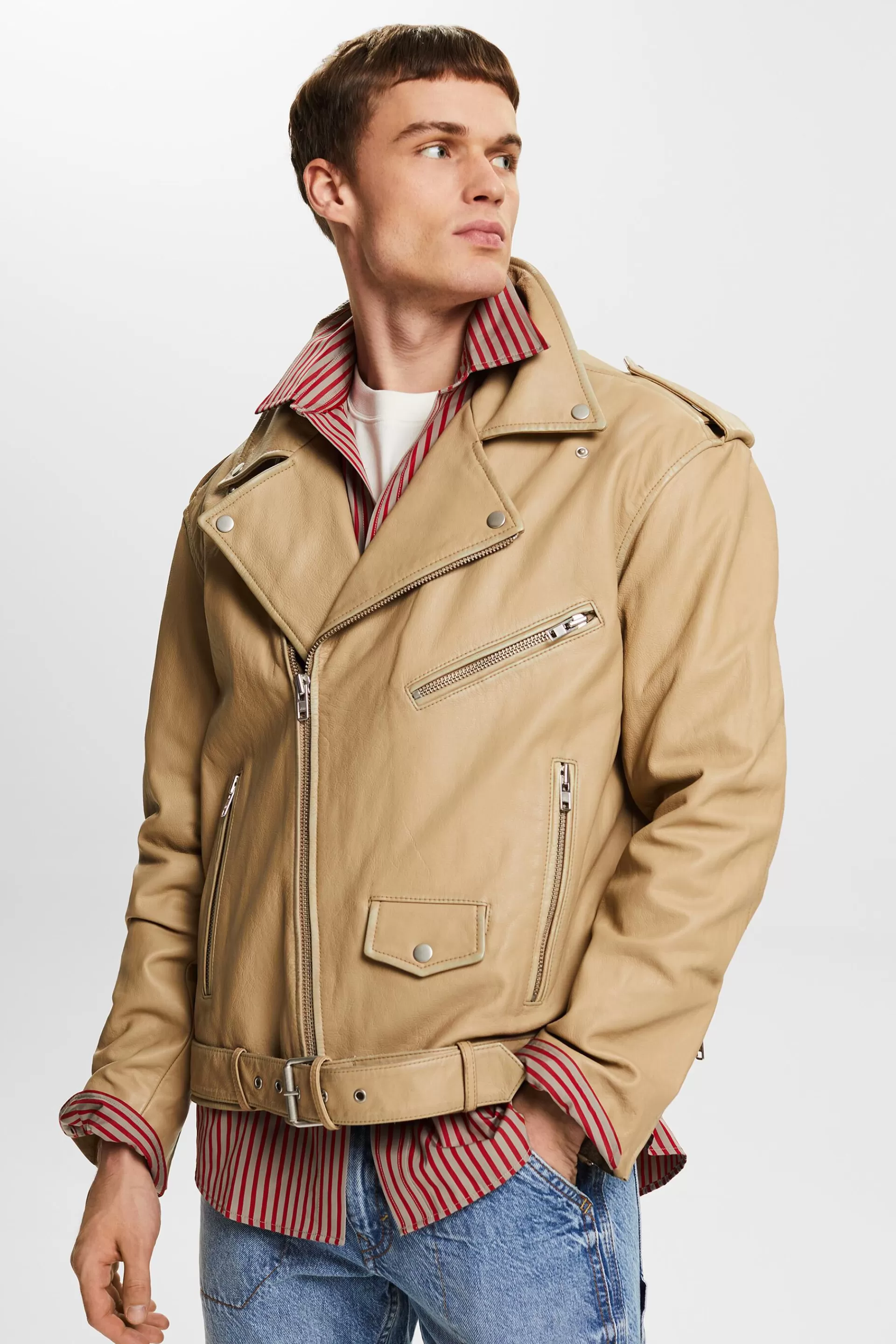 Biker-Jacke aus Crinkle-Leder im Washed-Look-ESPRIT Shop