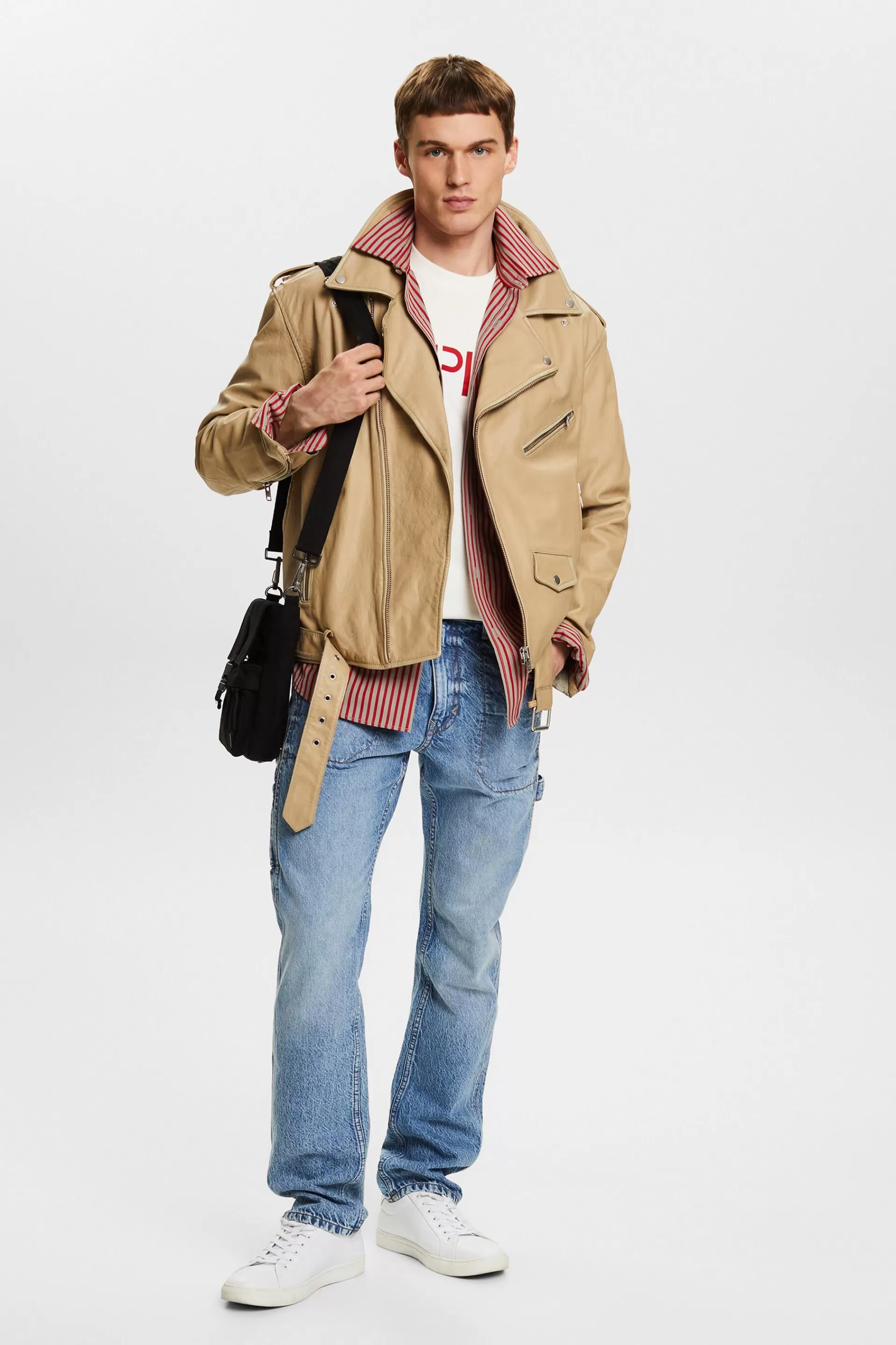 Biker-Jacke aus Crinkle-Leder im Washed-Look-ESPRIT Shop