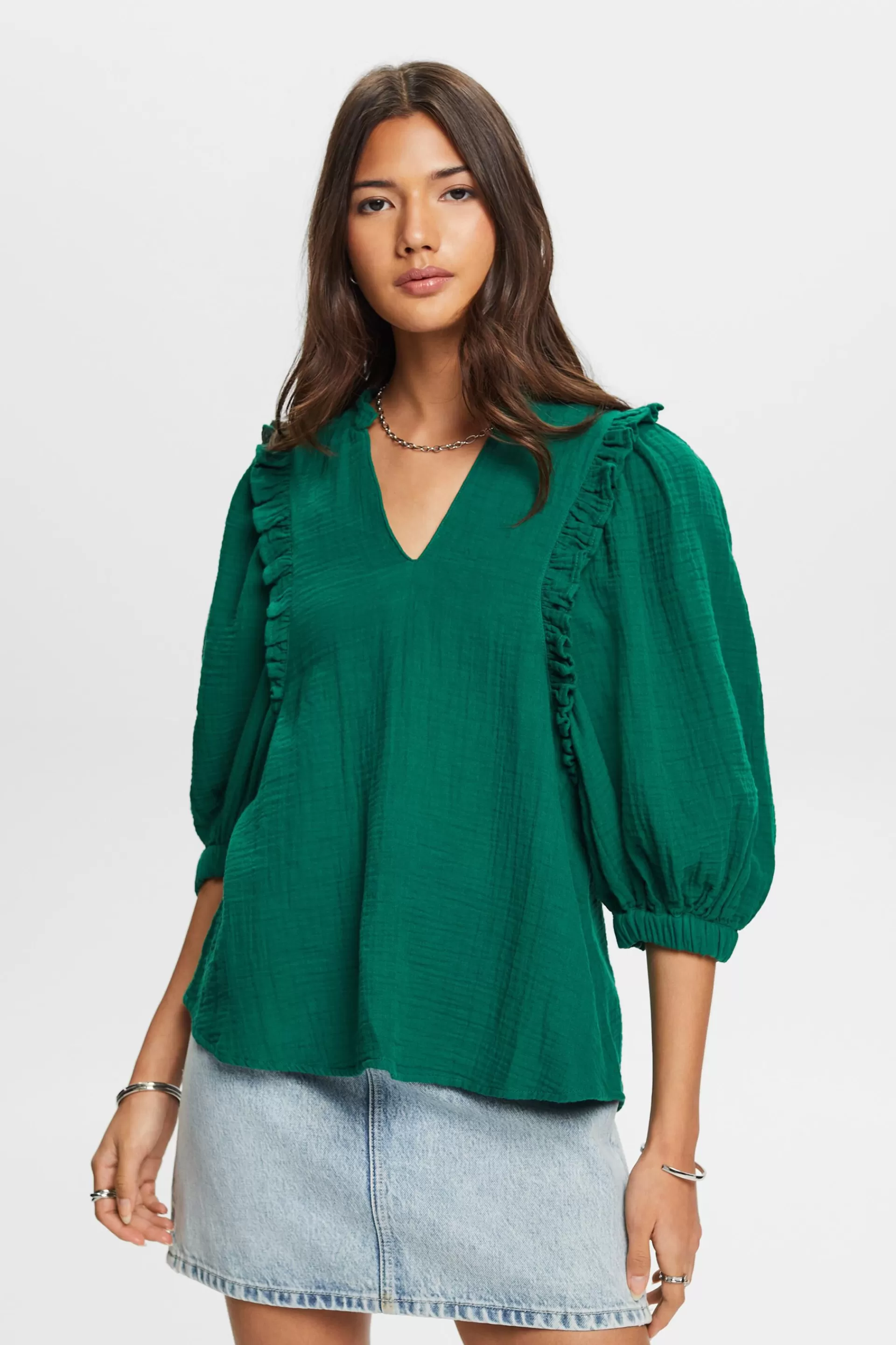 Bluse aus Baumwollgaze mit Rüschenbesatz-ESPRIT Outlet