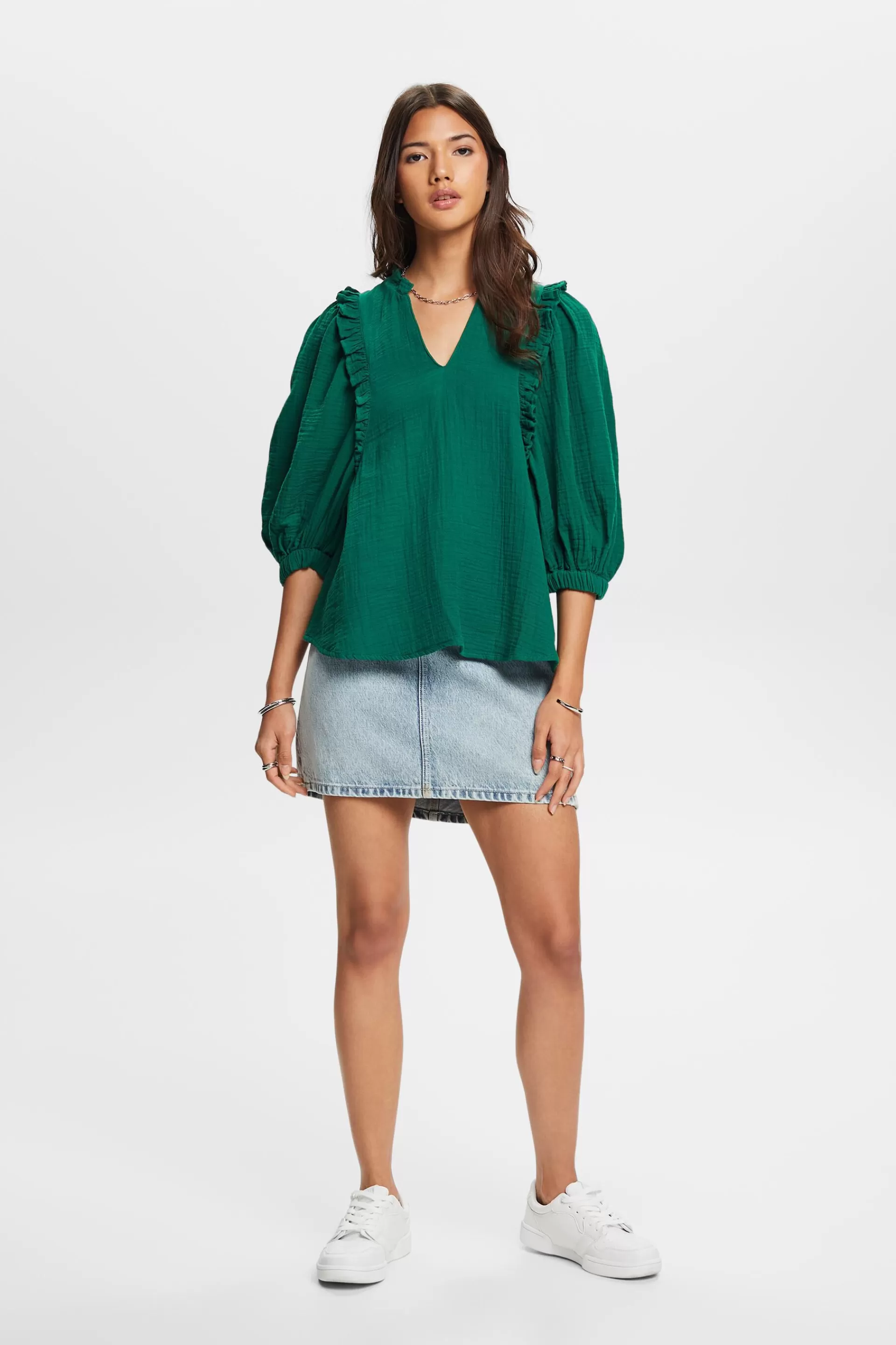 Bluse aus Baumwollgaze mit Rüschenbesatz-ESPRIT Outlet