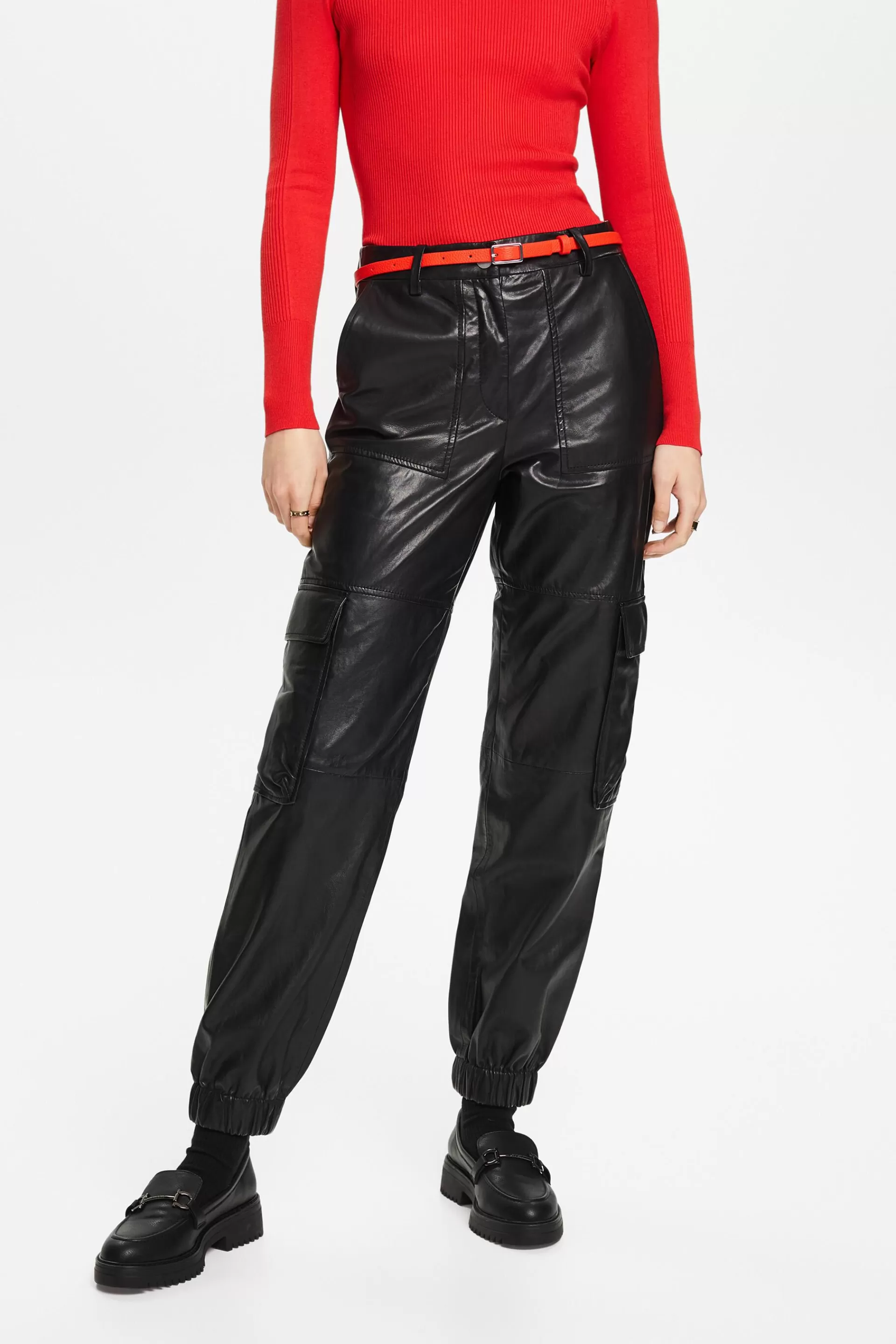 Cargohose aus Leder mit zulaufendem Bein-ESPRIT Sale