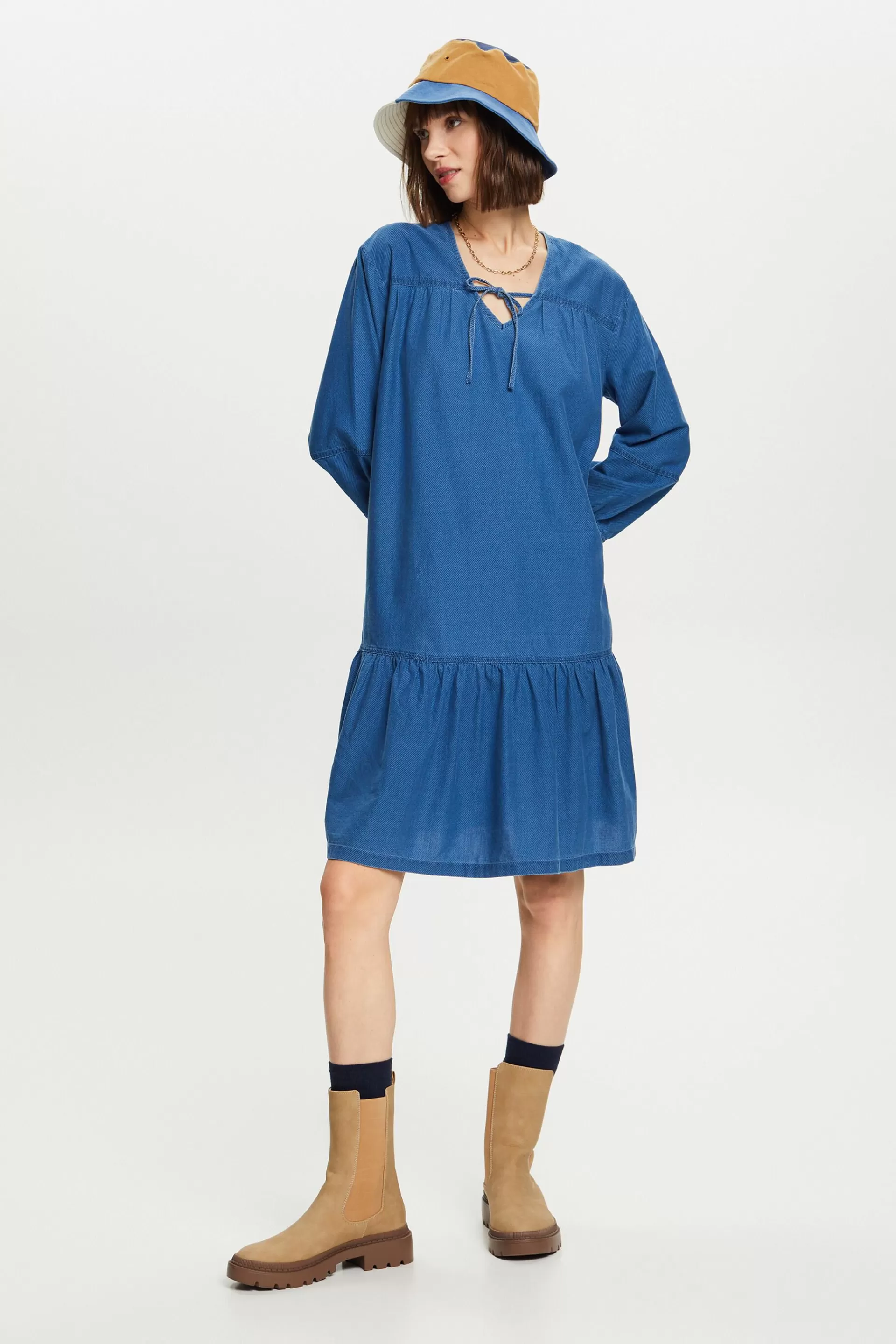 Chambray-Kleid mit Rüschen- und Binde-Details-ESPRIT Hot