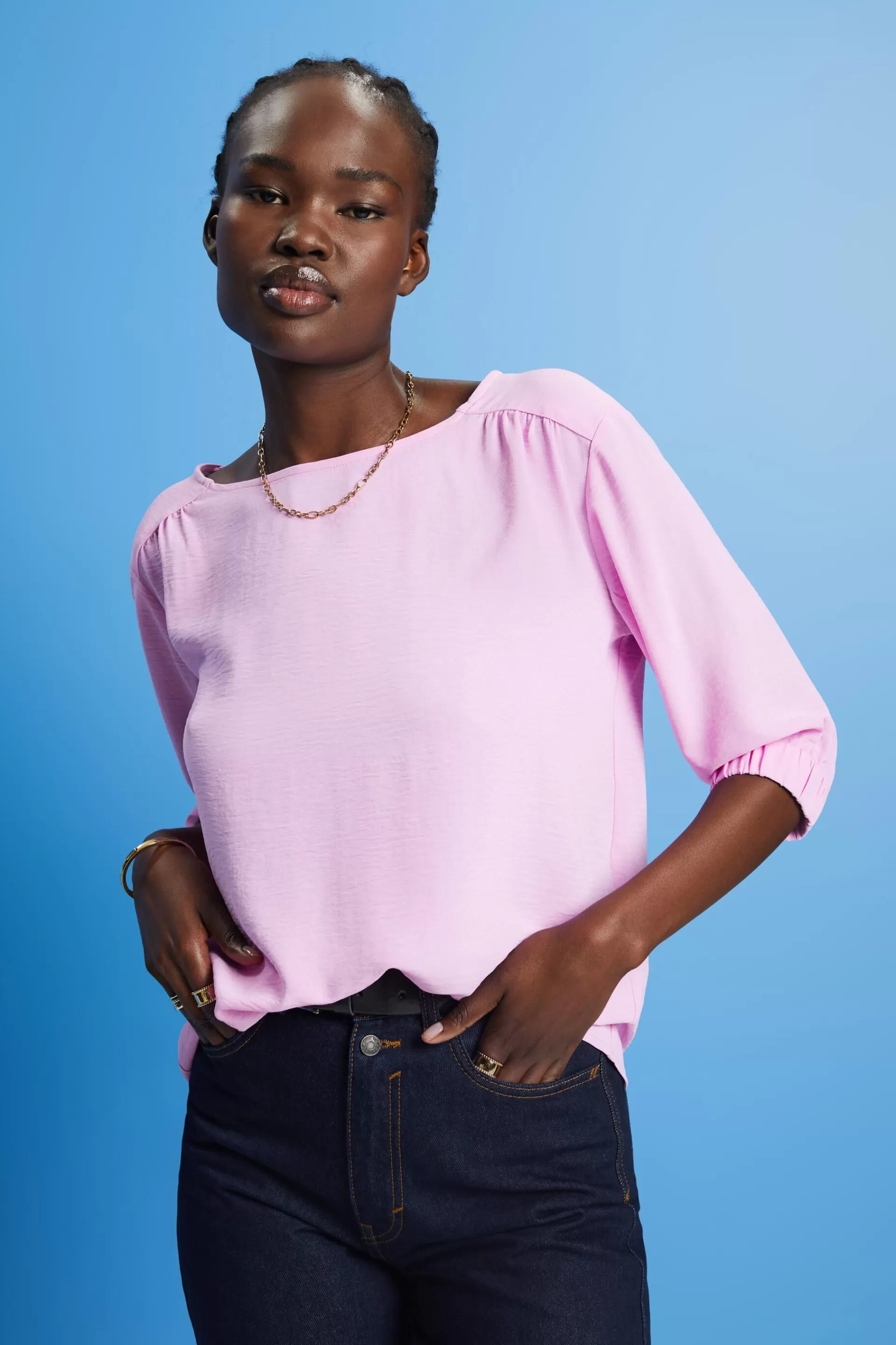 Crêpe-Bluse mit elastischen Ärmelabschlüssen-ESPRIT Store