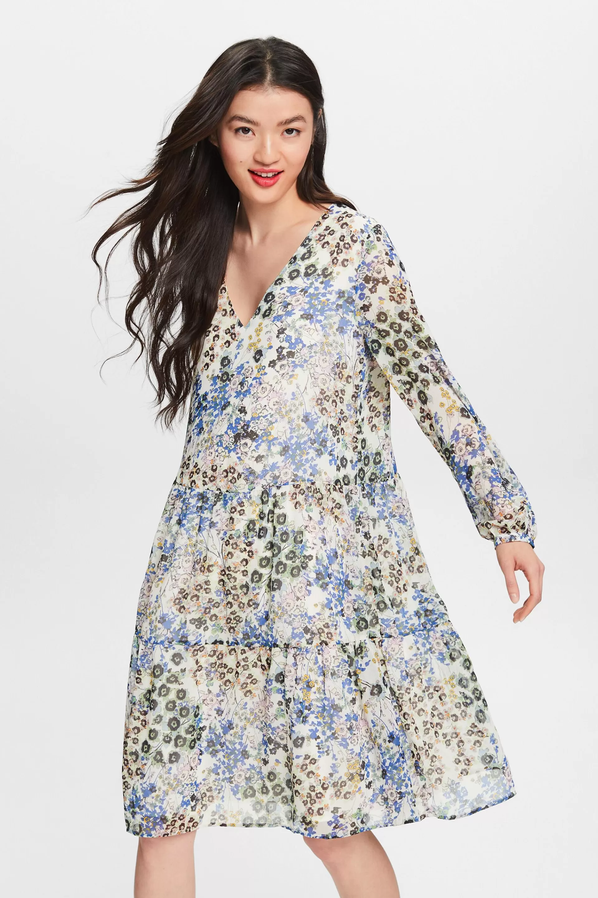 Crêpe-Kleid mit Millefleurs-ESPRIT Sale