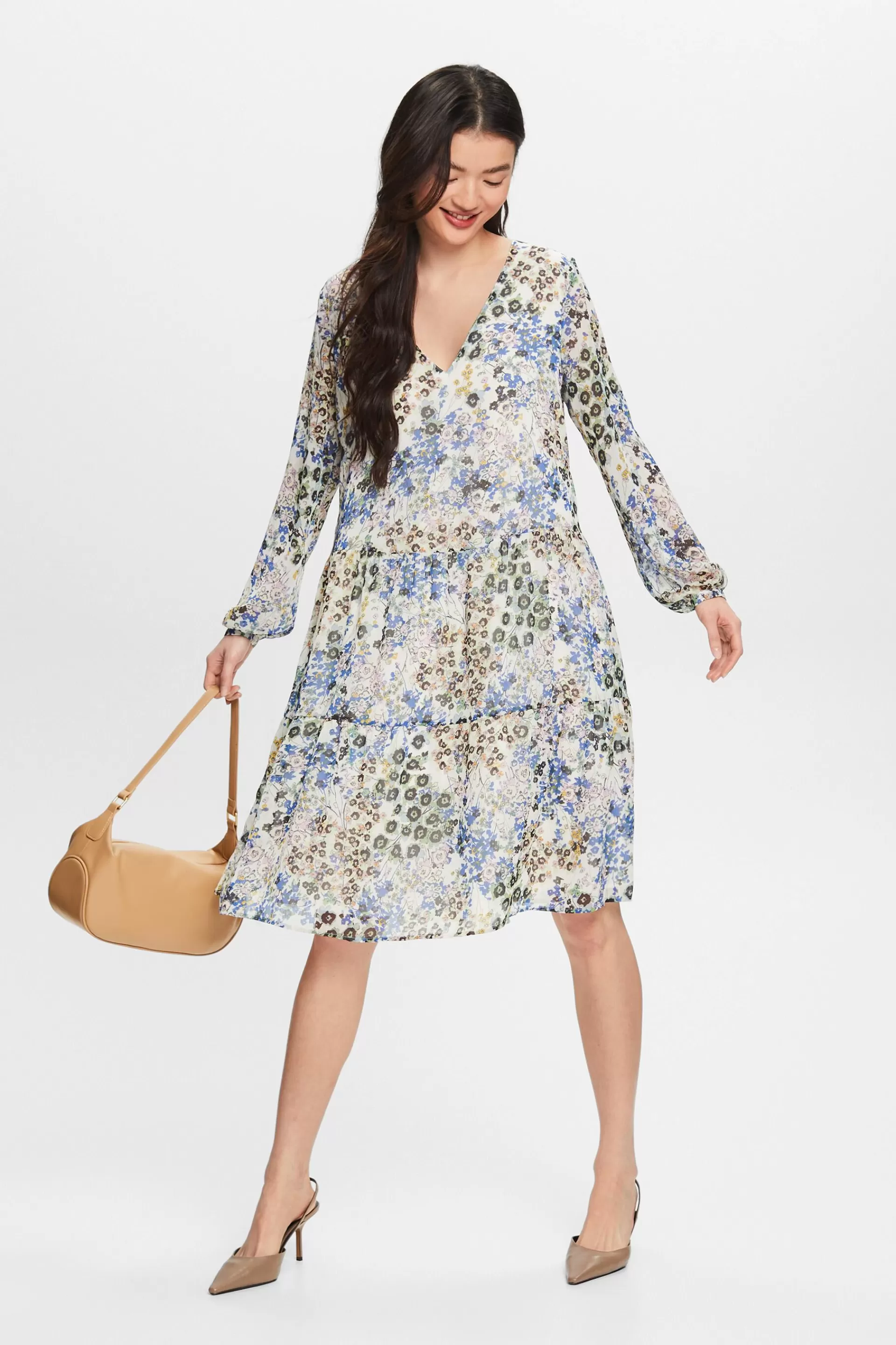 Crêpe-Kleid mit Millefleurs-ESPRIT Sale