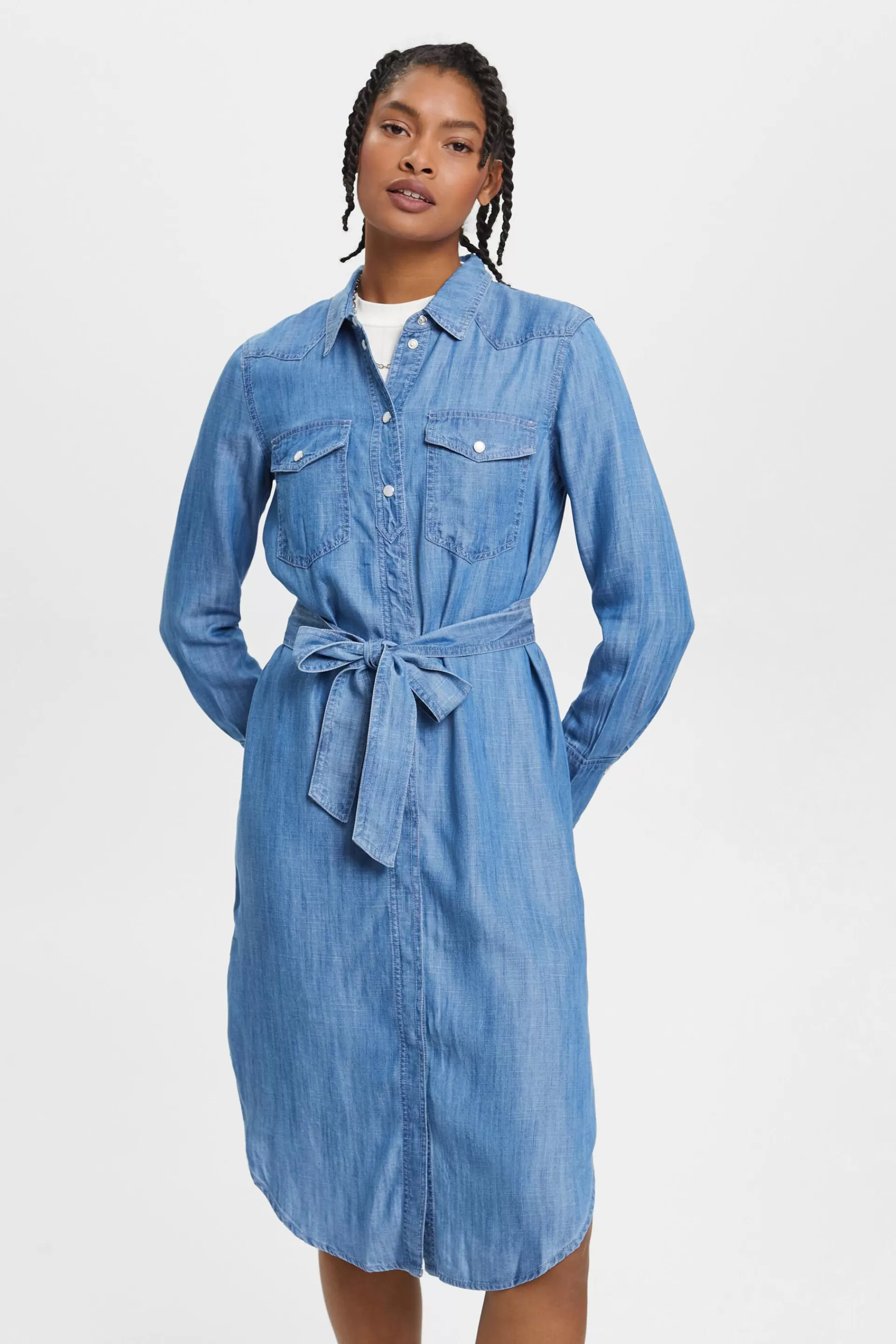 Denim-Shirtkleid mit abnehmbarem Bindegürtel-ESPRIT Best
