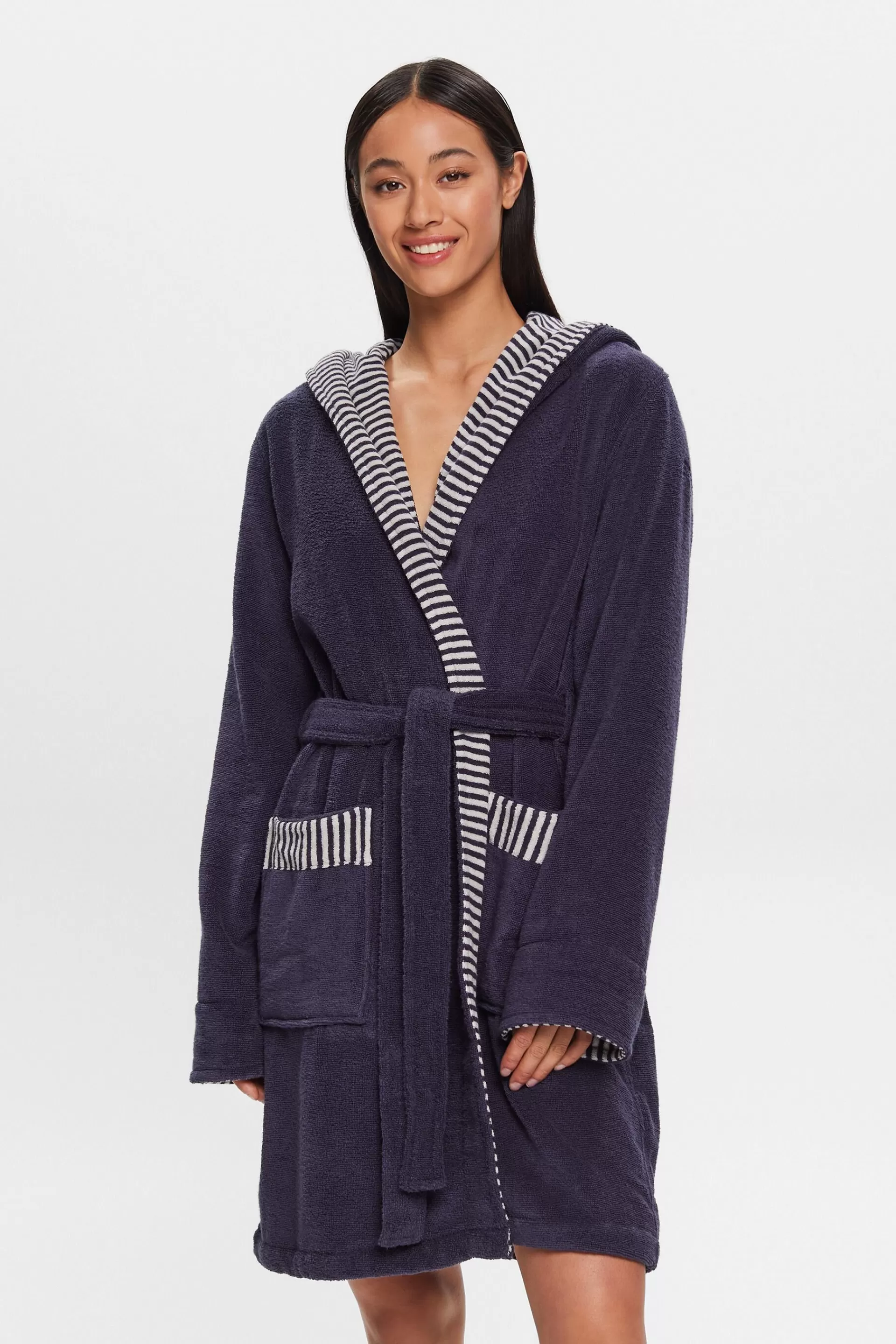 Frottée-Bademantel mit gestreiftem Innenfutter-ESPRIT Sale