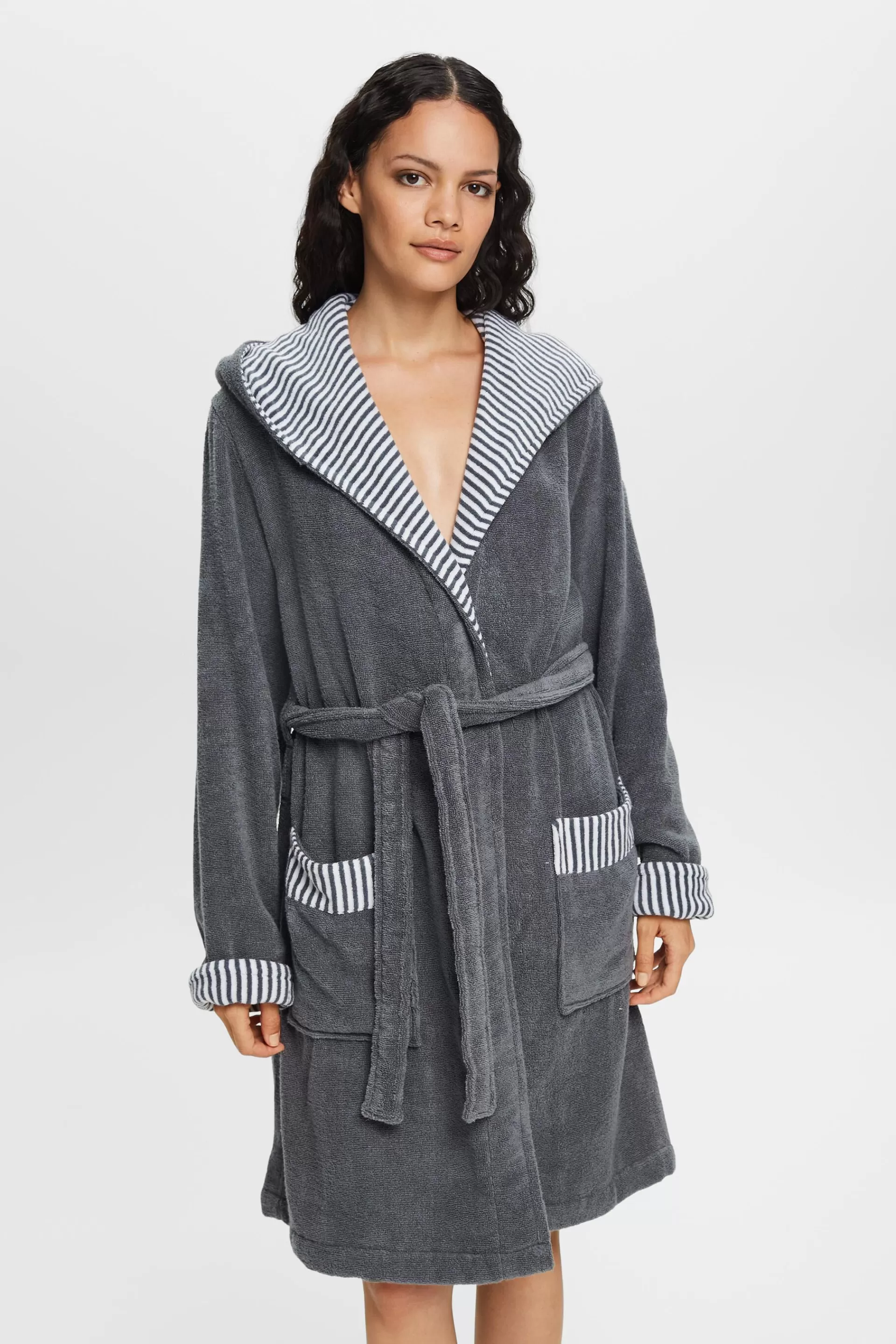 Frottée-Bademantel mit gestreiftem Innenfutter-ESPRIT Clearance