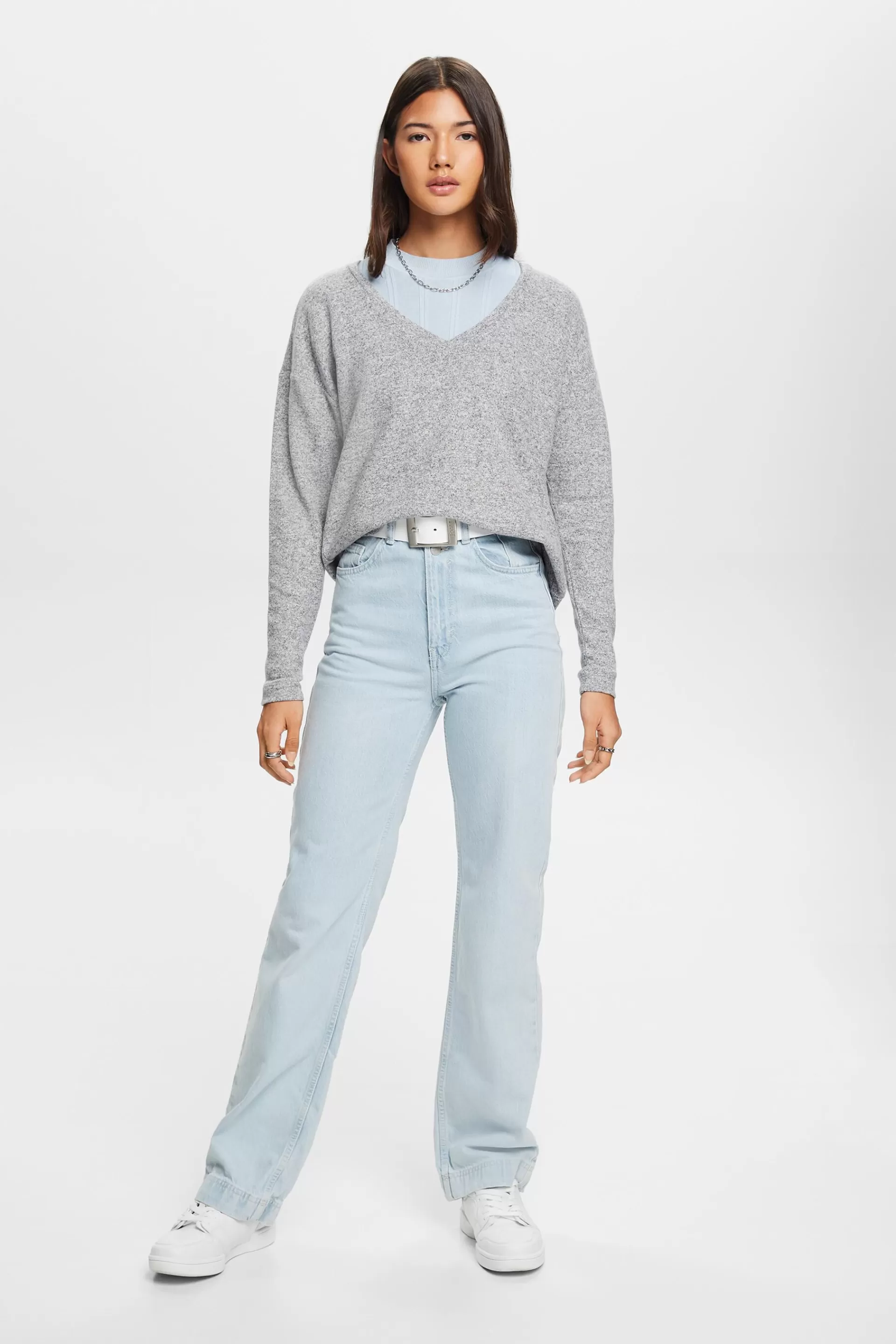 Gebürstetes Longsleeve mit V-Ausschnitt-ESPRIT Clearance