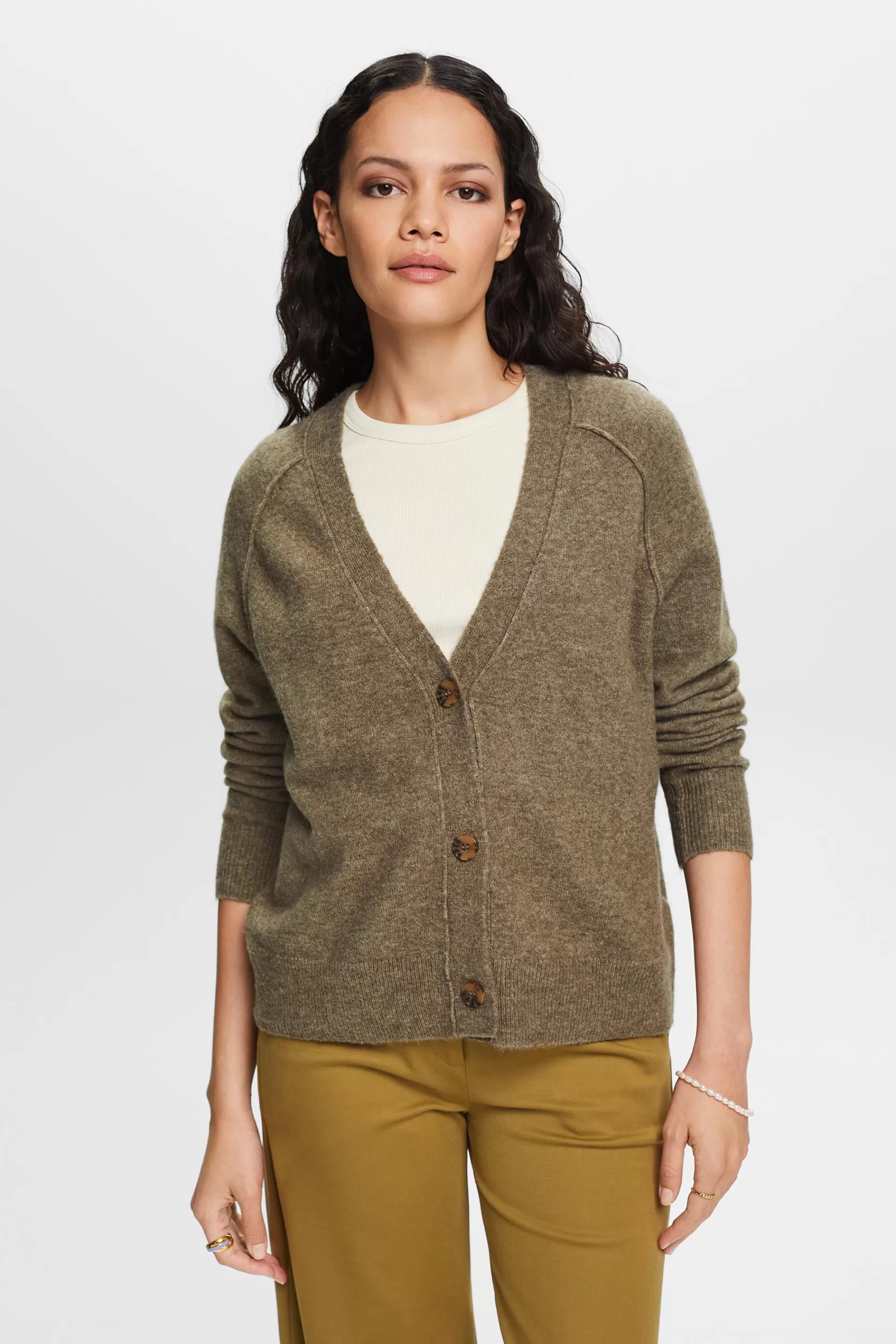 Geknöpfter Cardigan mit V-Ausschnitt, Wollmix-ESPRIT Shop