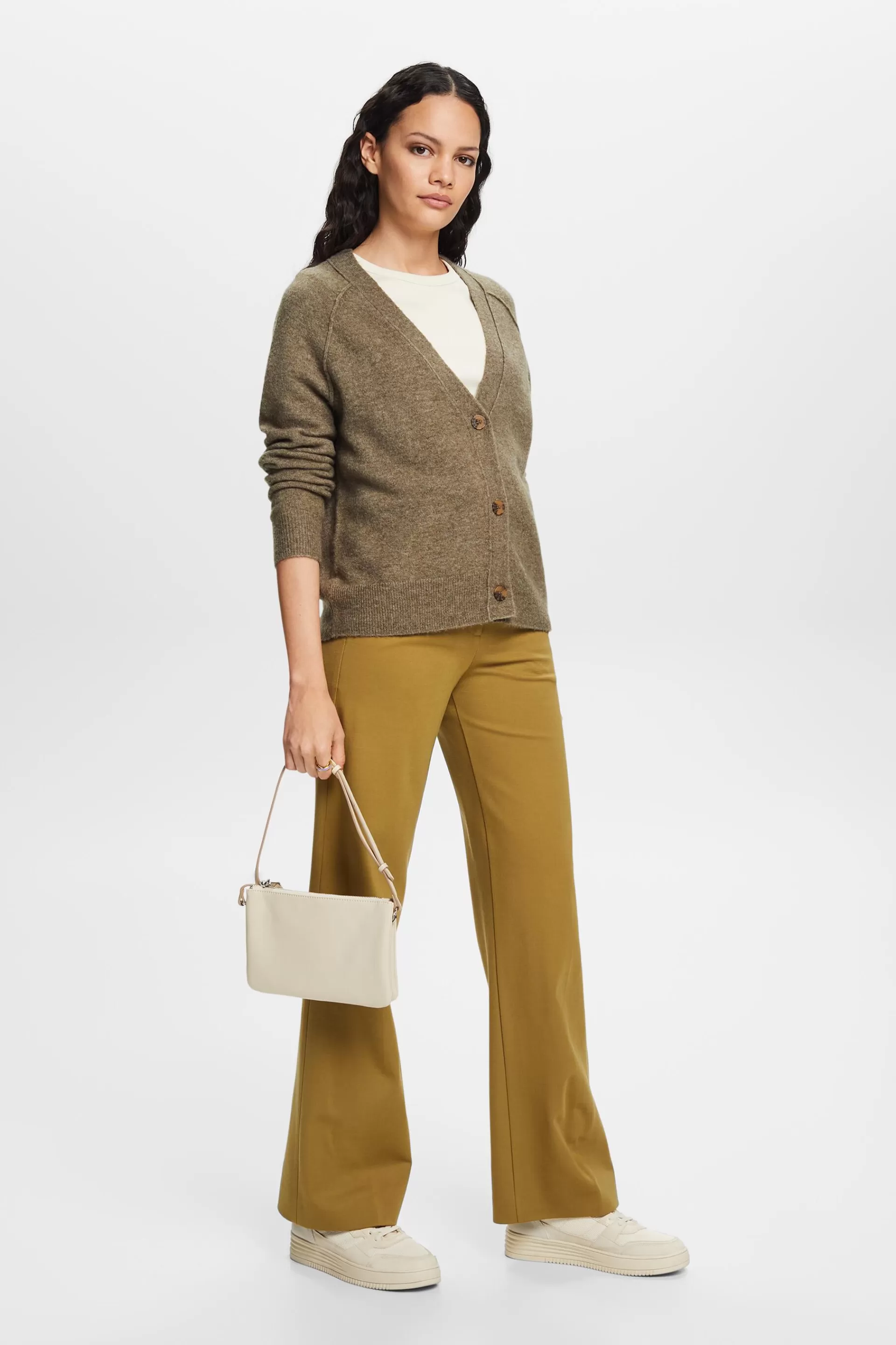 Geknöpfter Cardigan mit V-Ausschnitt, Wollmix-ESPRIT Shop