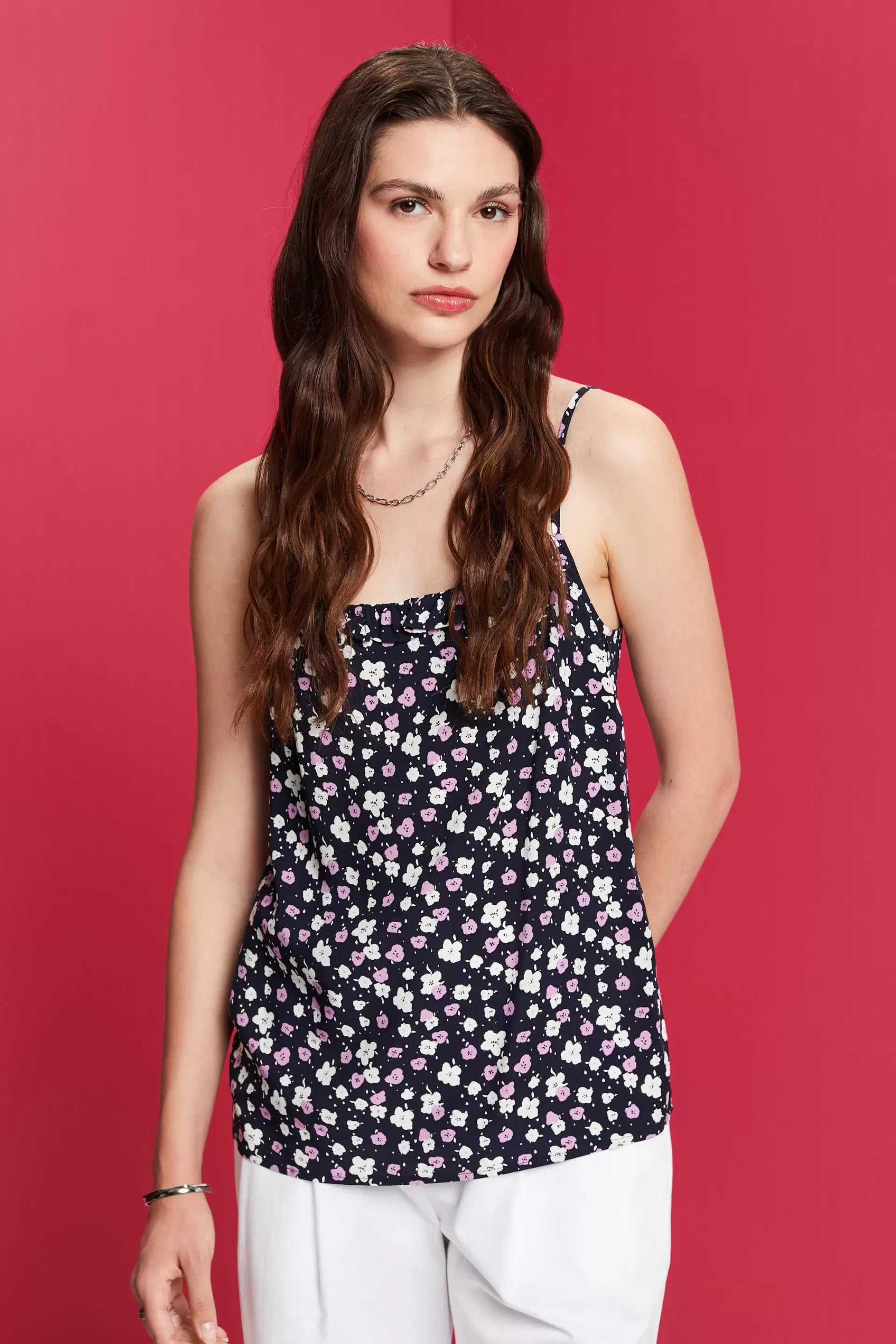 Gemusterte ärmellose Bluse, LENZING™ ECOVERO™-ESPRIT Clearance