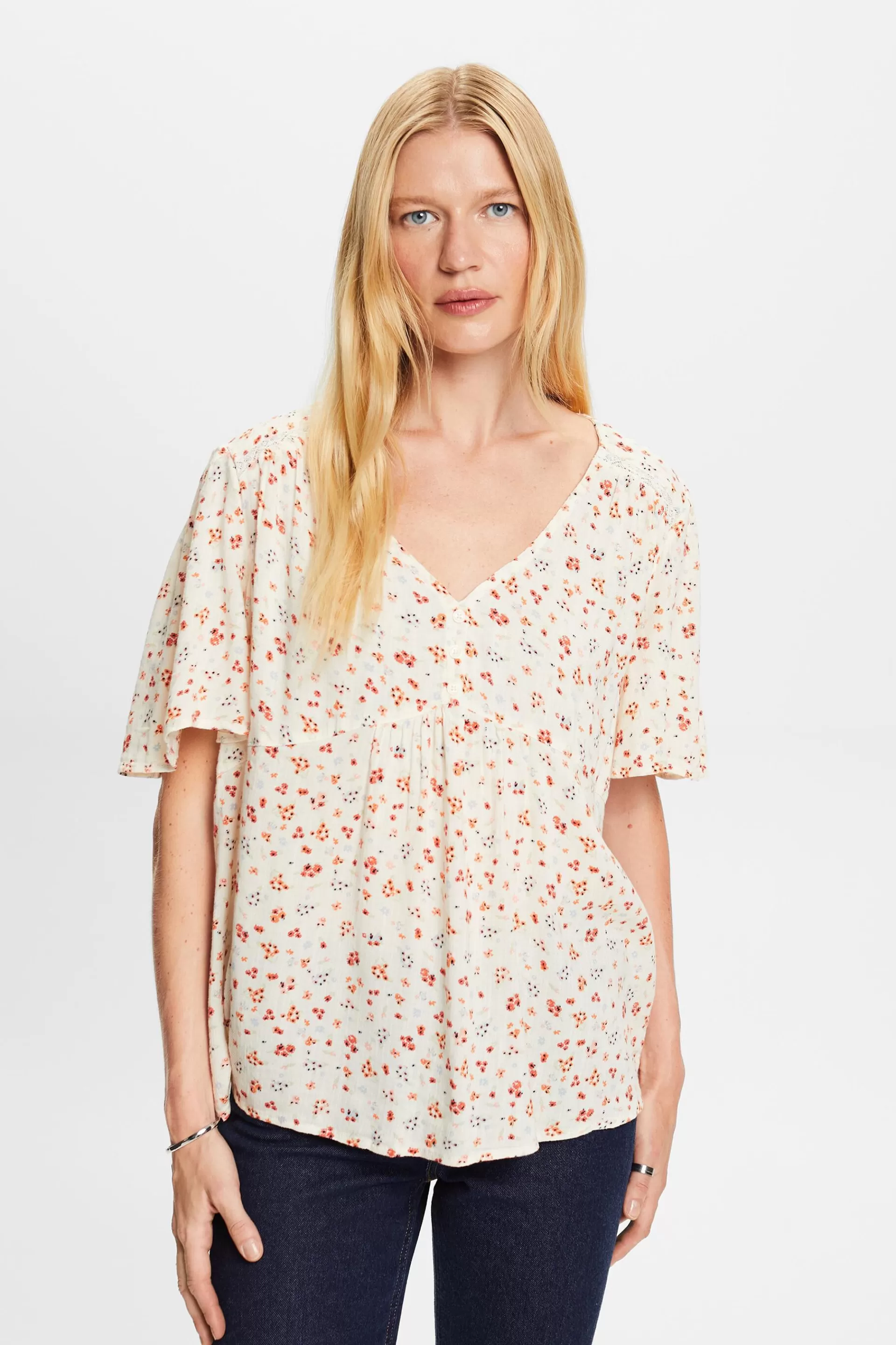 Gemusterte Kurzarmbluse, Baumwollmix-ESPRIT Flash Sale