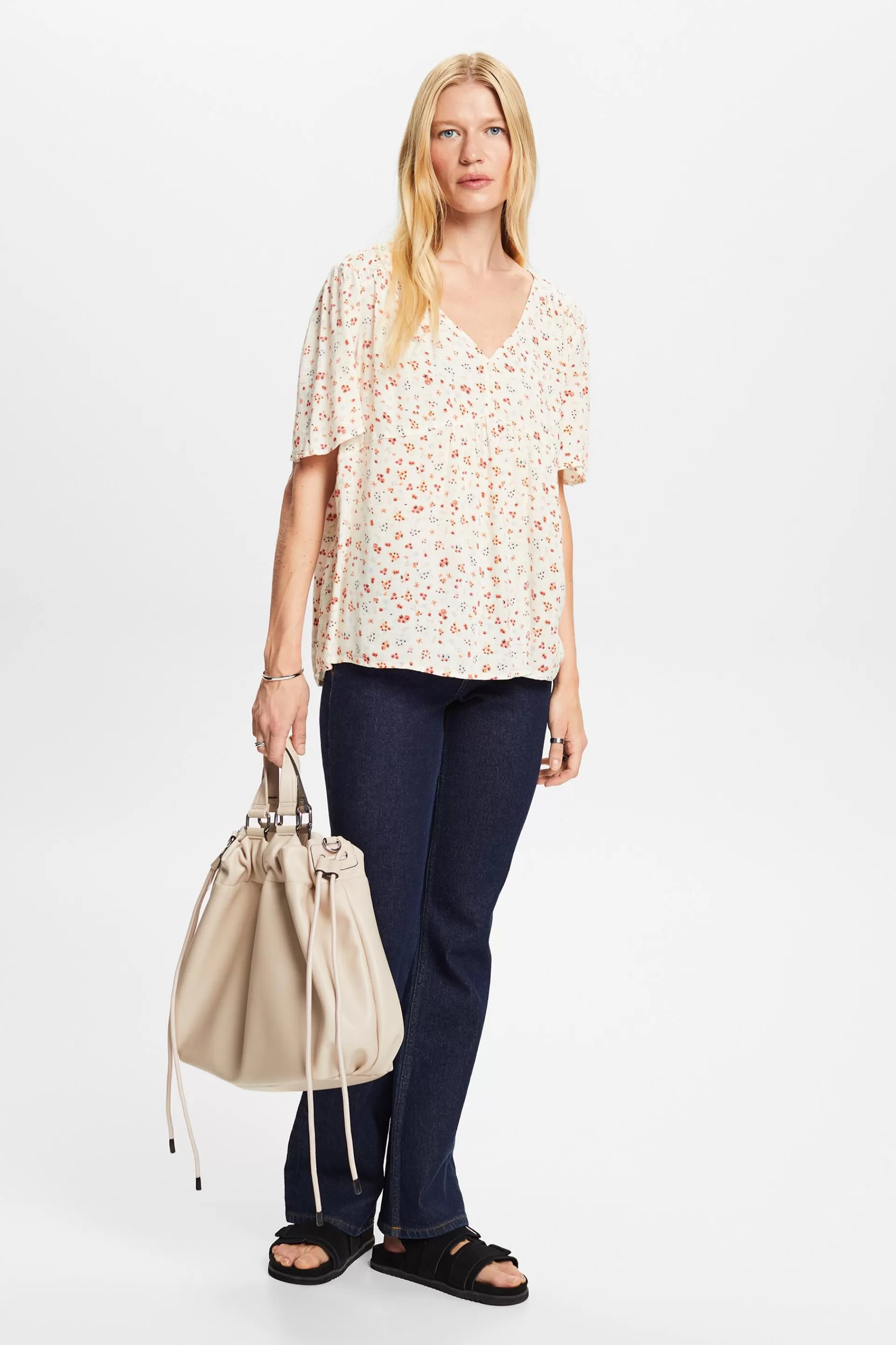 Gemusterte Kurzarmbluse, Baumwollmix-ESPRIT Flash Sale