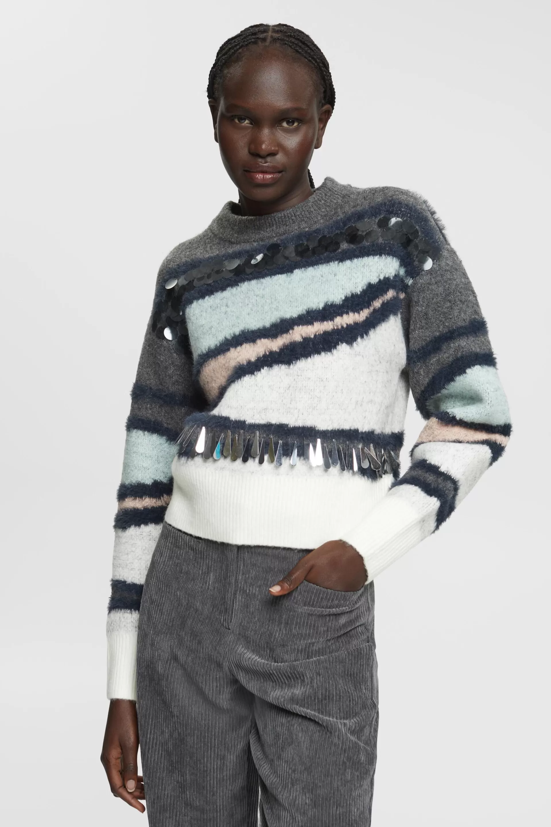 Gemusterter Strickpullover mit Pailletten-ESPRIT Online