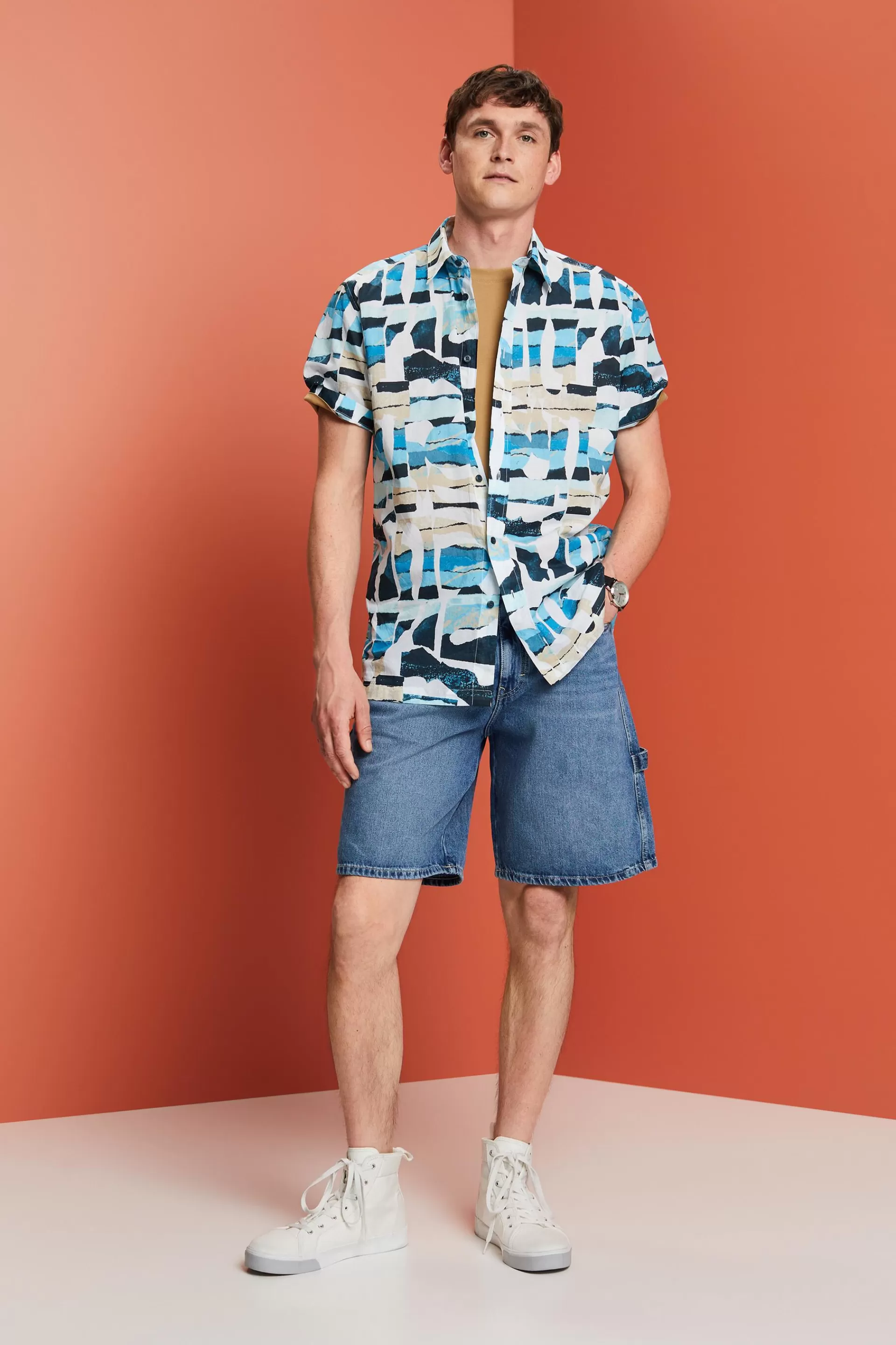 Gemustertes Kurzarm-Hemd, 100% Baumwolle-ESPRIT Flash Sale