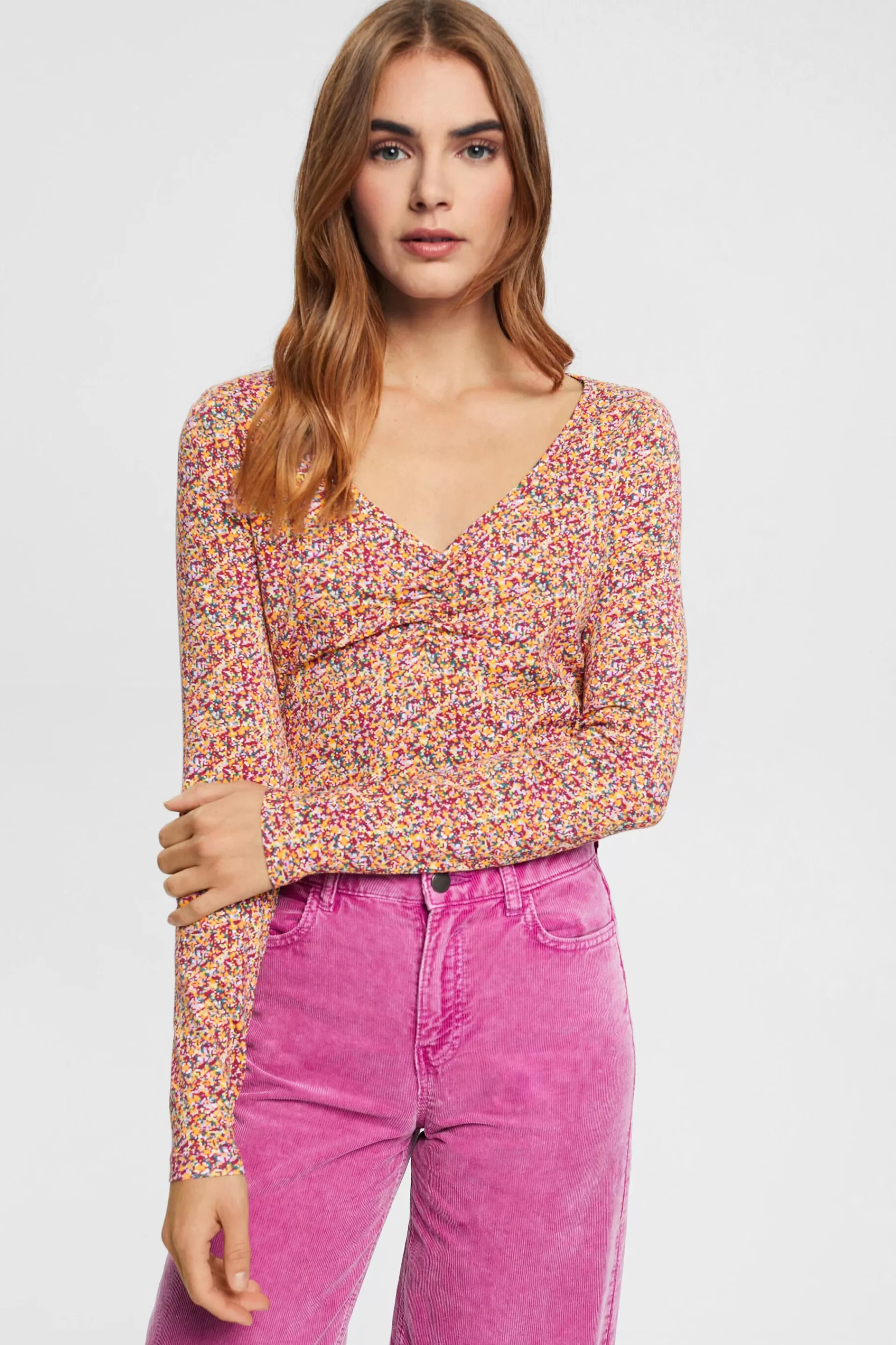 Gemustertes Longsleeve mit gekräuselter Front-ESPRIT Discount