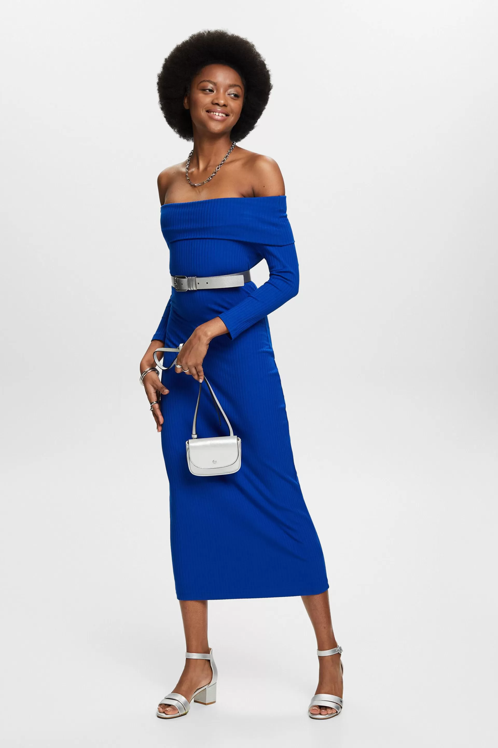 Geripptes schulterfreies Midikleid-ESPRIT Sale
