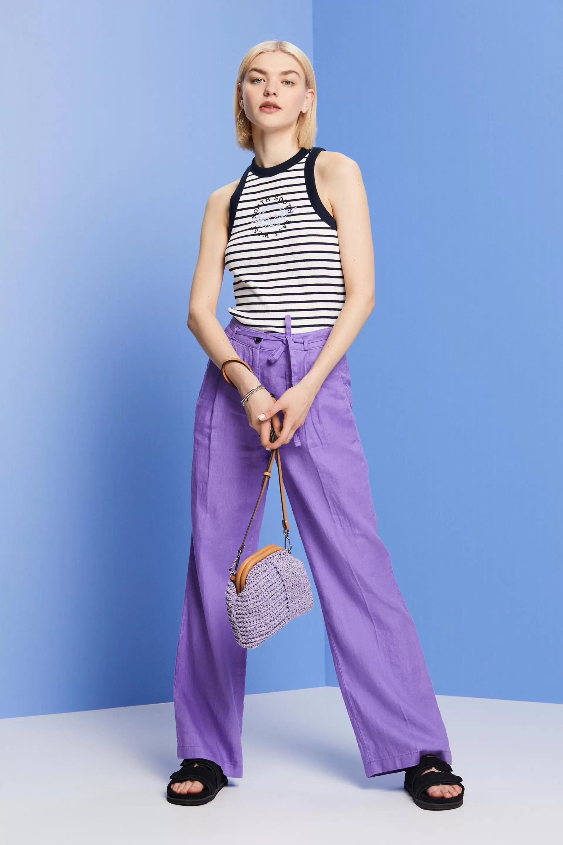 Geripptes Tanktop mit Stickerei und Print-ESPRIT Online