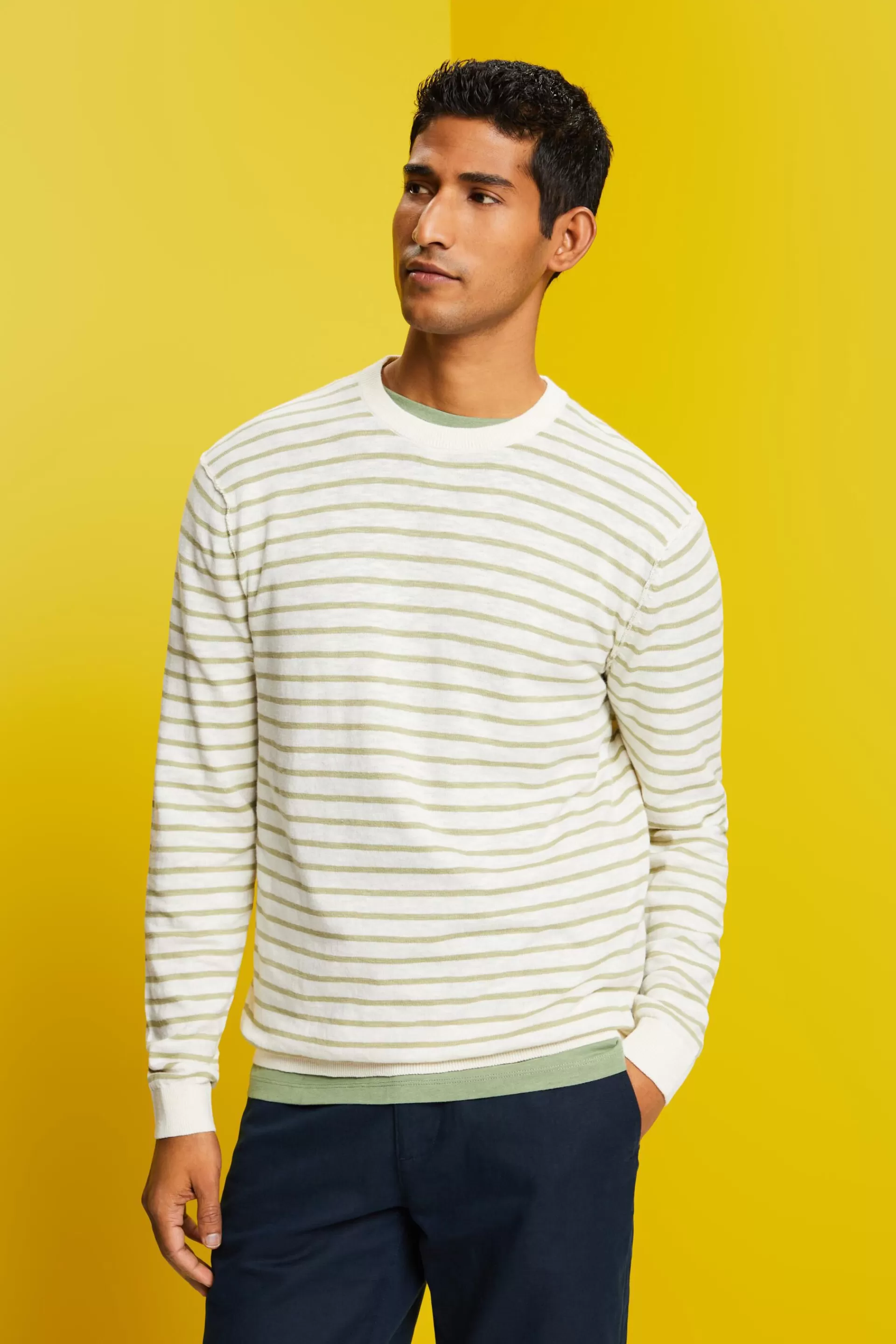 Gestreifter Rundhals Pullover, Baumwoll-Leinenmix-ESPRIT Hot
