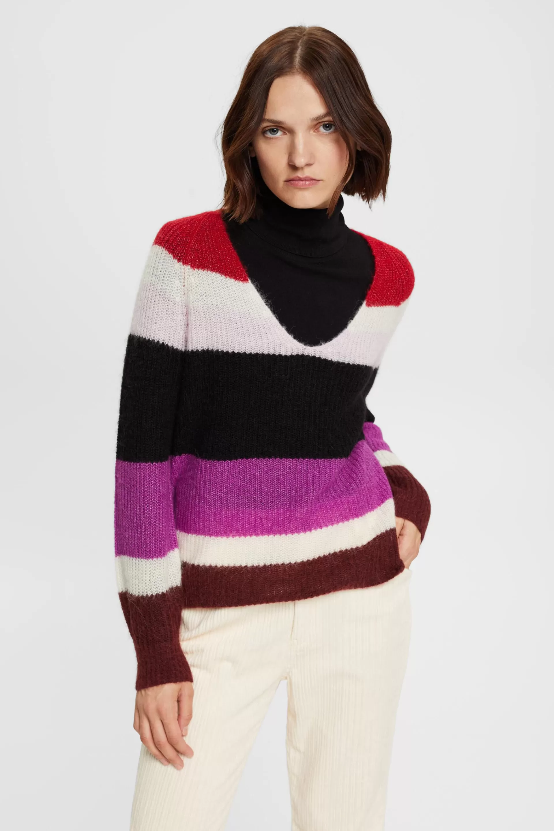Gestreifter V-Pullover mit Wolle und Alpaka-ESPRIT Discount
