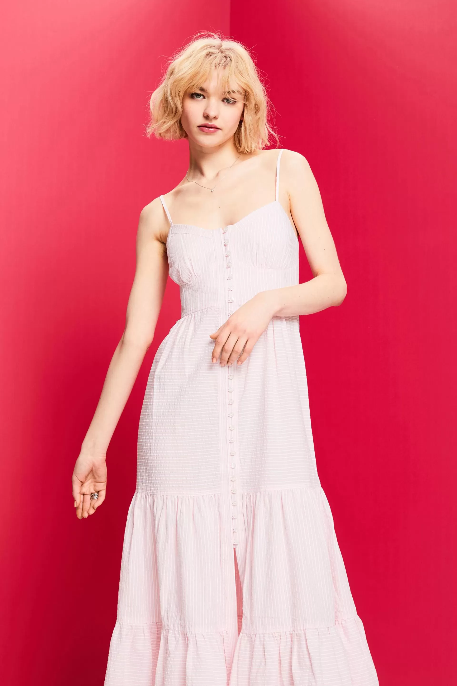 Gestuftes Maxikleid mit Knopfleiste vorne-ESPRIT Shop
