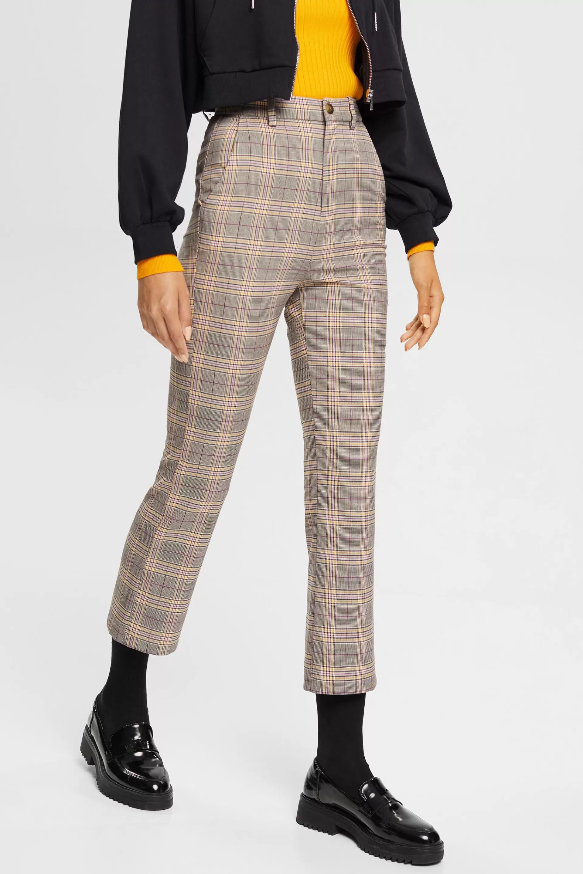 High-Rise-Hose mit ausgestelltem Cropped-Bein und Karomuster-ESPRIT Best