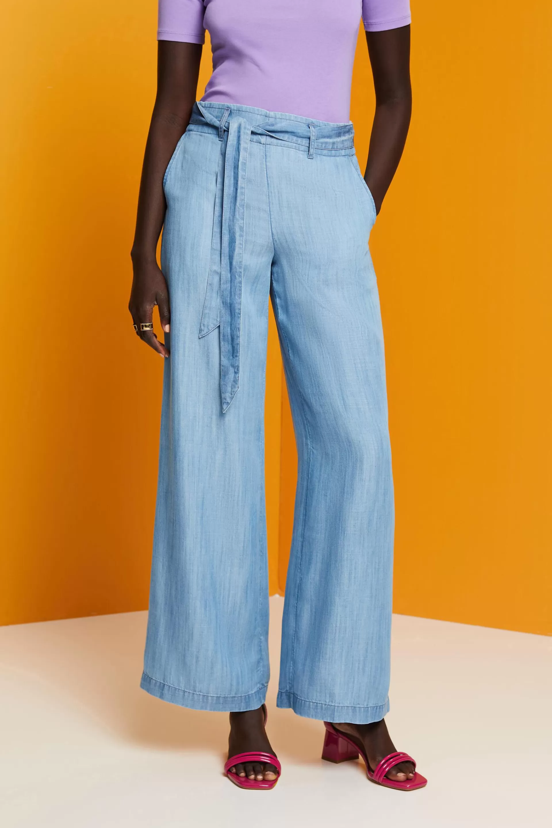 Hose mit weitem Bein und Bindegürtel, TENCEL™ Lyocell-ESPRIT New