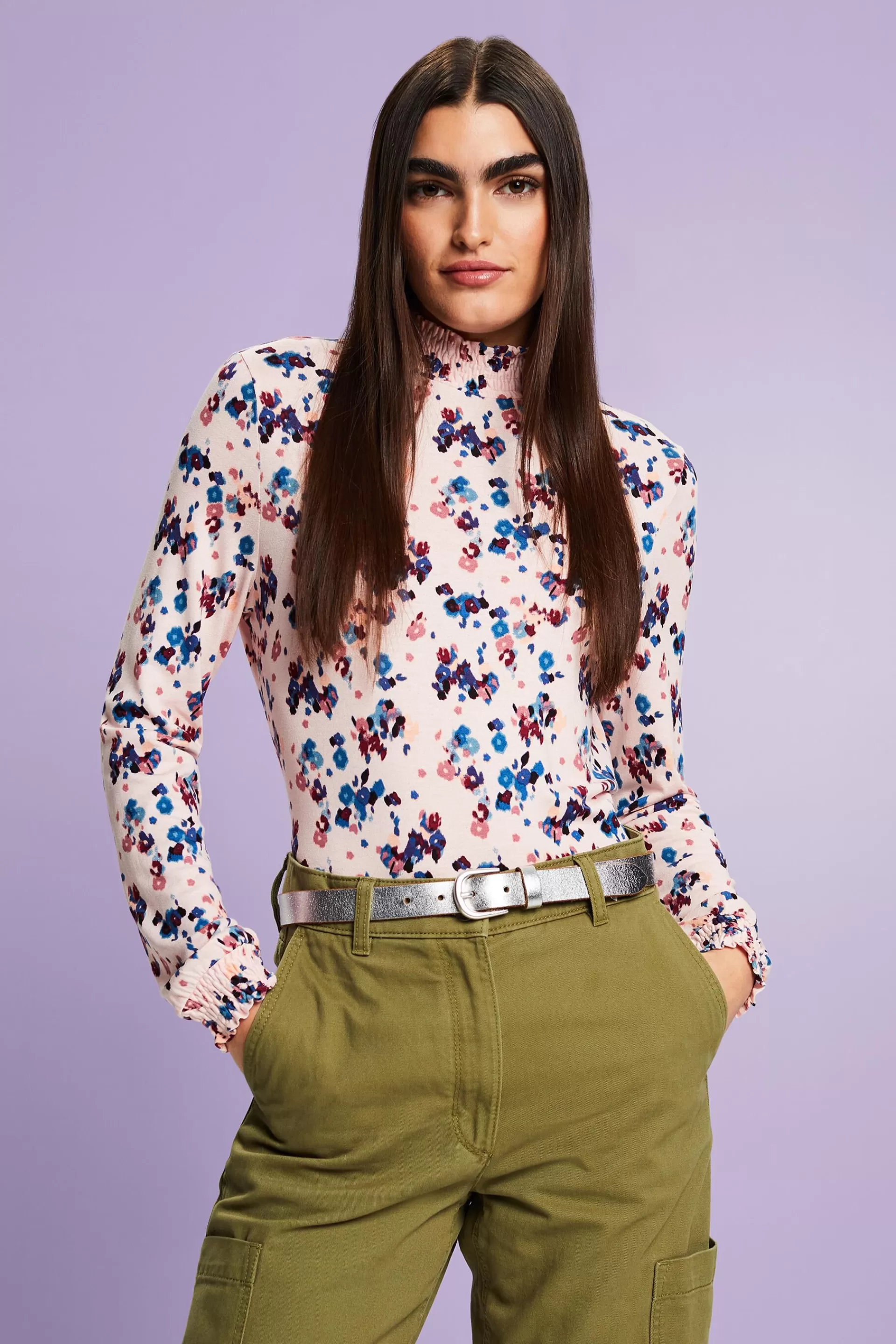 Jersey-Longsleeve mit Muster, LENZING™ ECOVERO™-ESPRIT Hot