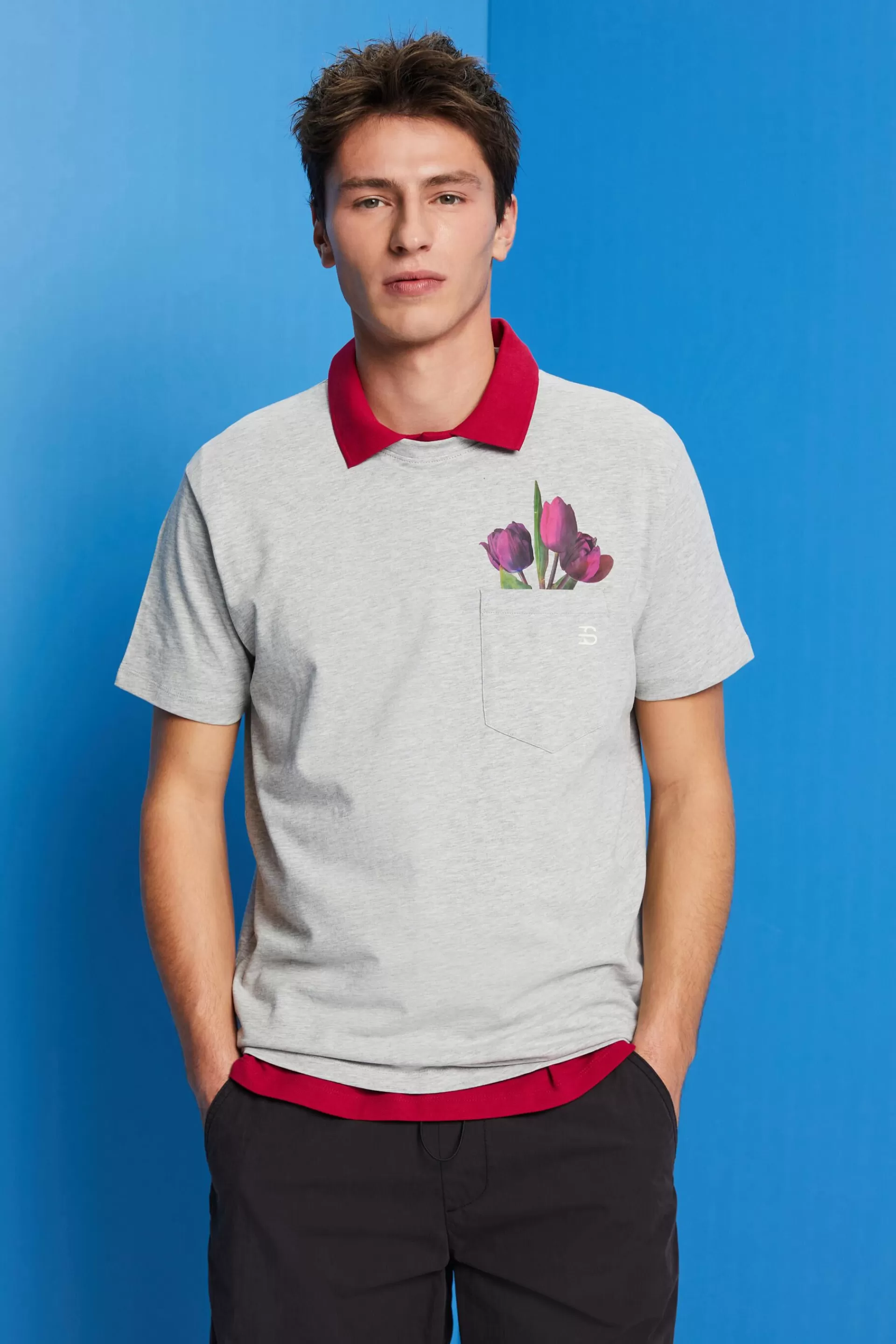 Jersey-T-Shirt mit Print an der Tasche-ESPRIT New