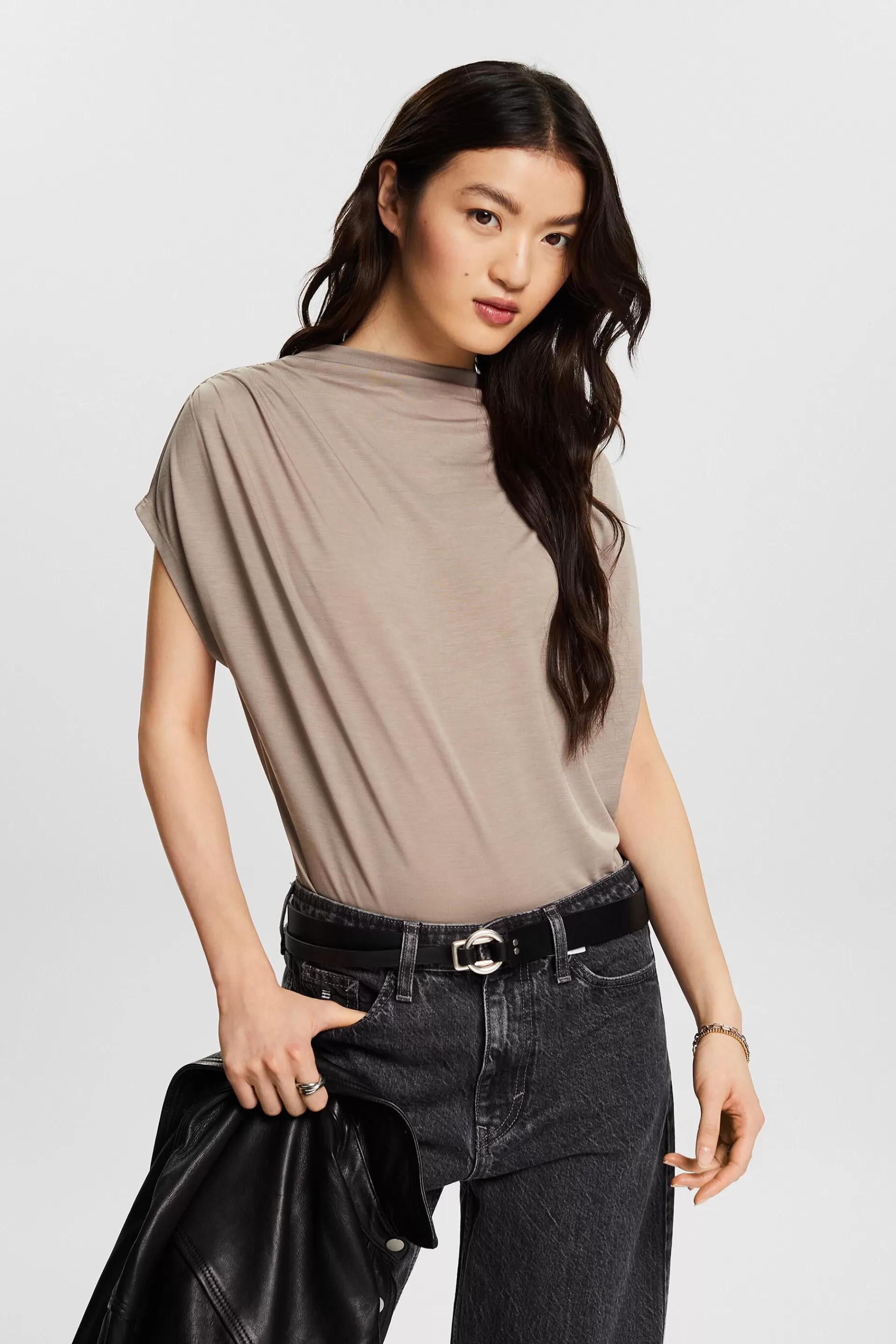 Jersey-T-Shirt mit Stehkragen-ESPRIT Store