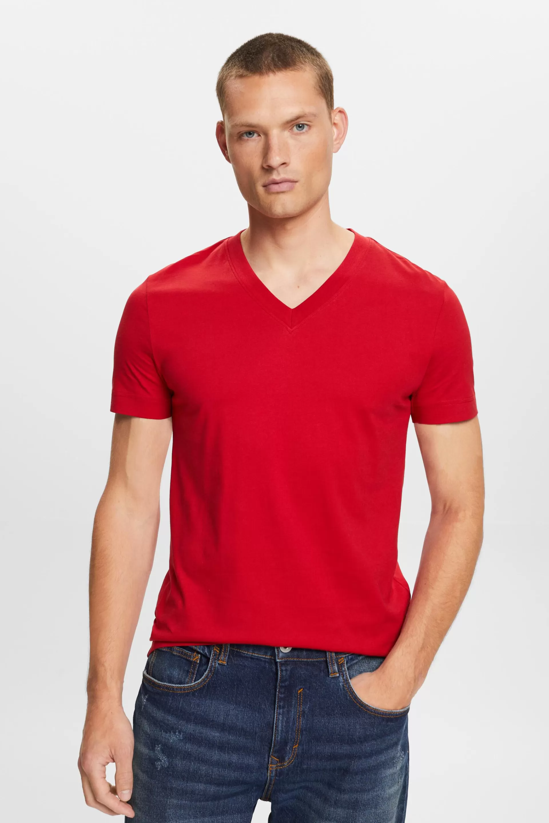Jersey-T-Shirt mit V-Ausschnitt, 100 % Baumwolle-ESPRIT Online