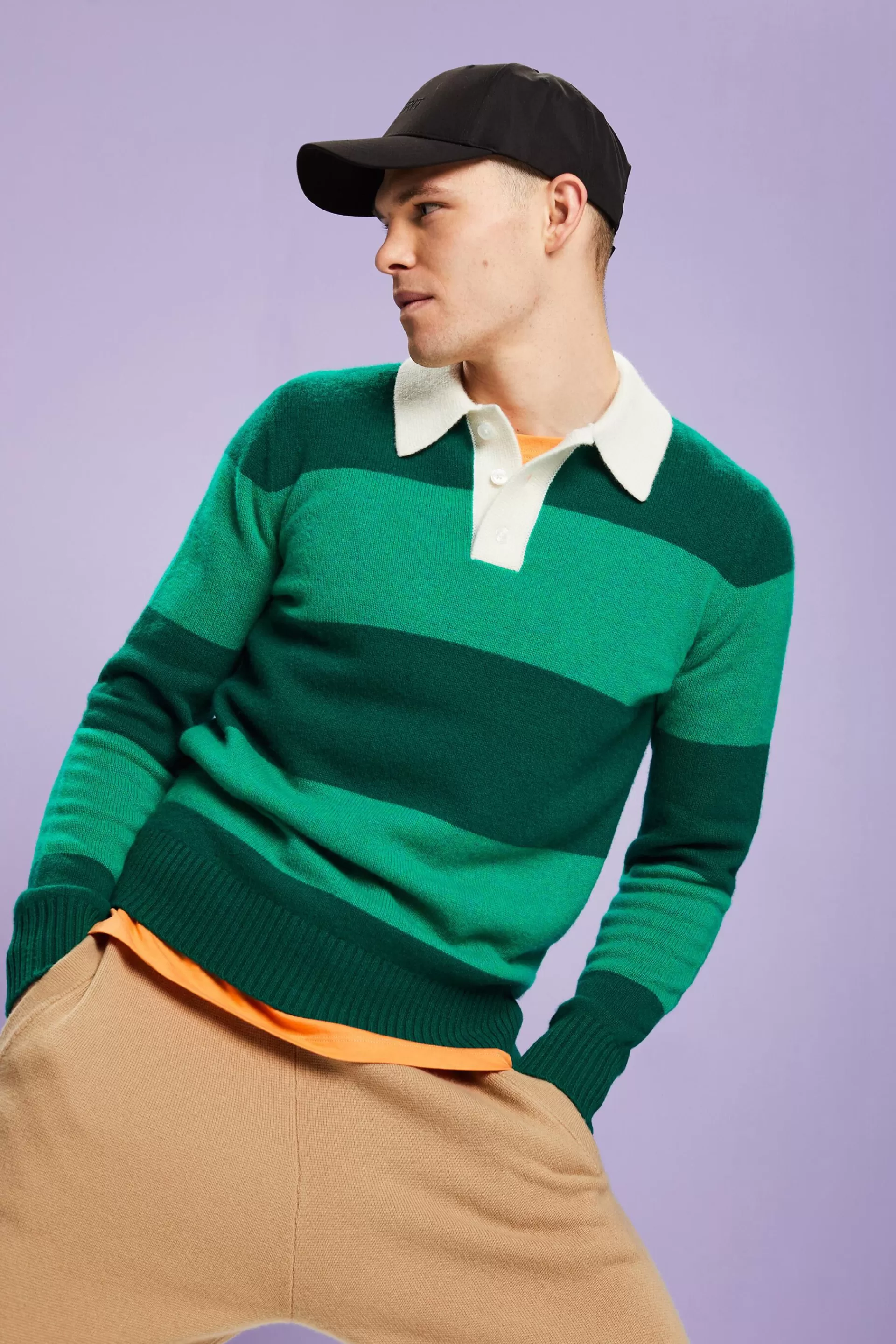 Kaschmirpullover mit Polokragen und Rugby-Streifen-ESPRIT Cheap