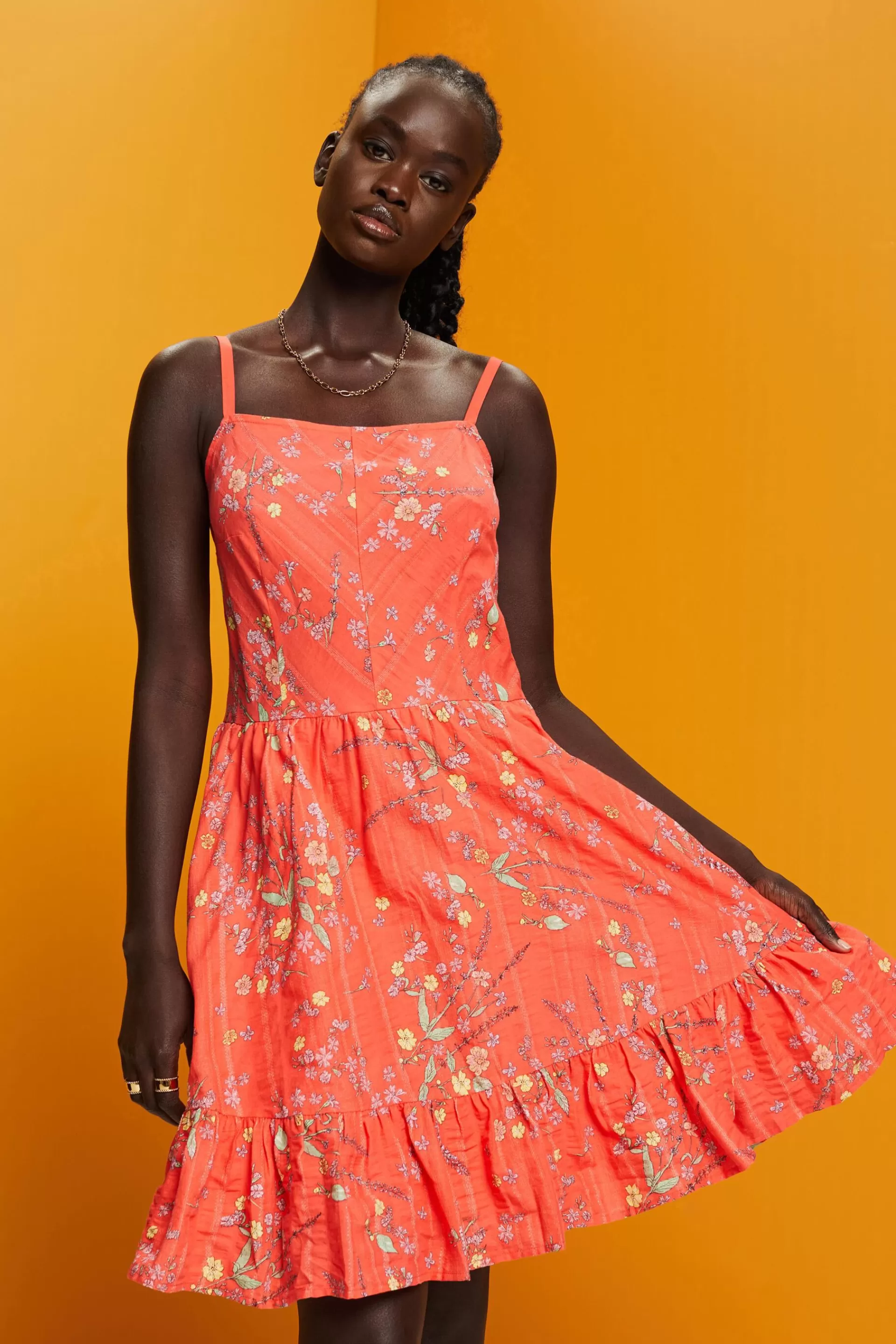 Knielanges Baumwollkleid mit floralem Print-ESPRIT Store