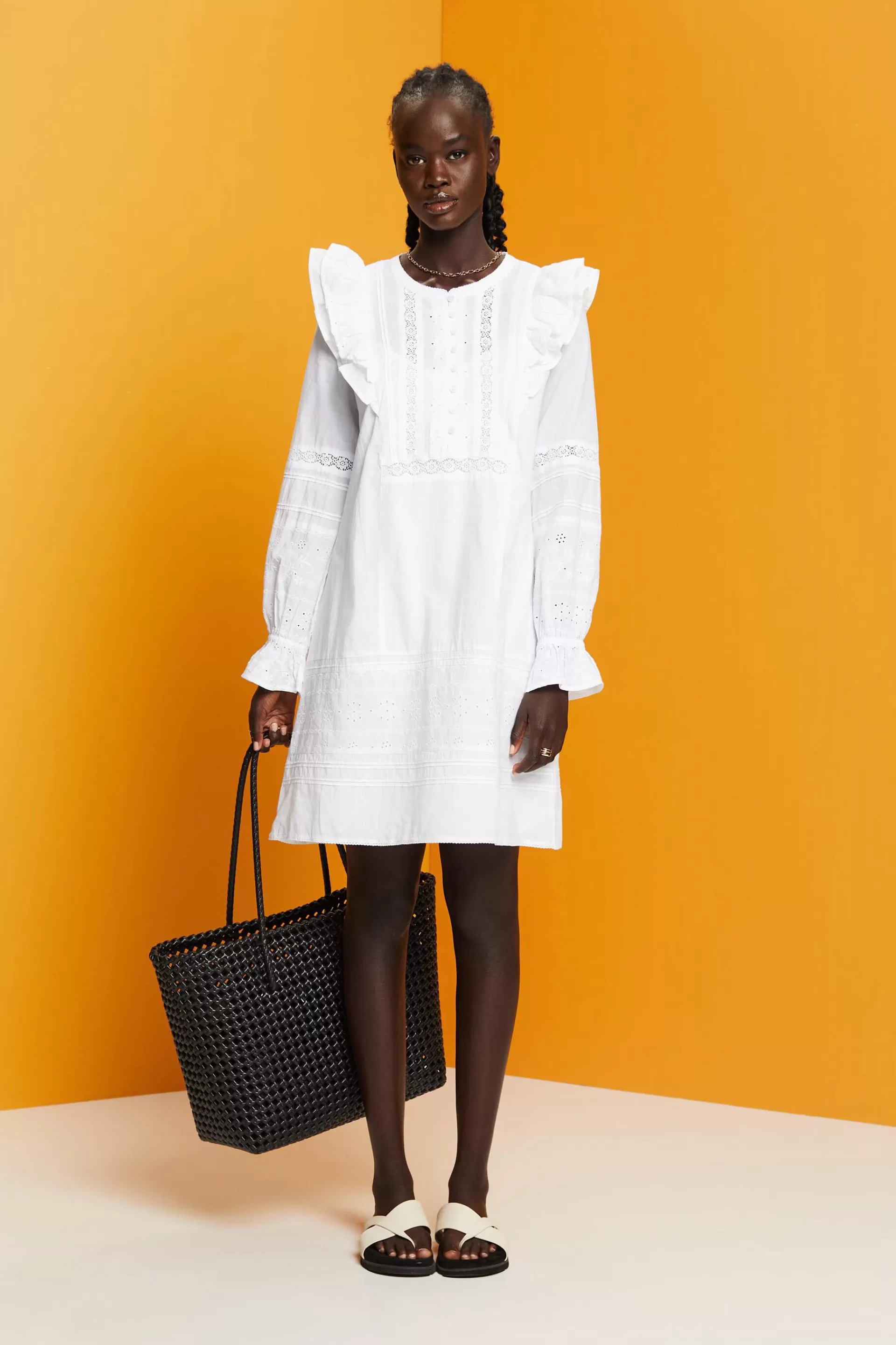 Knielanges Kleid aus Baumwolle mit Spitze-ESPRIT Fashion