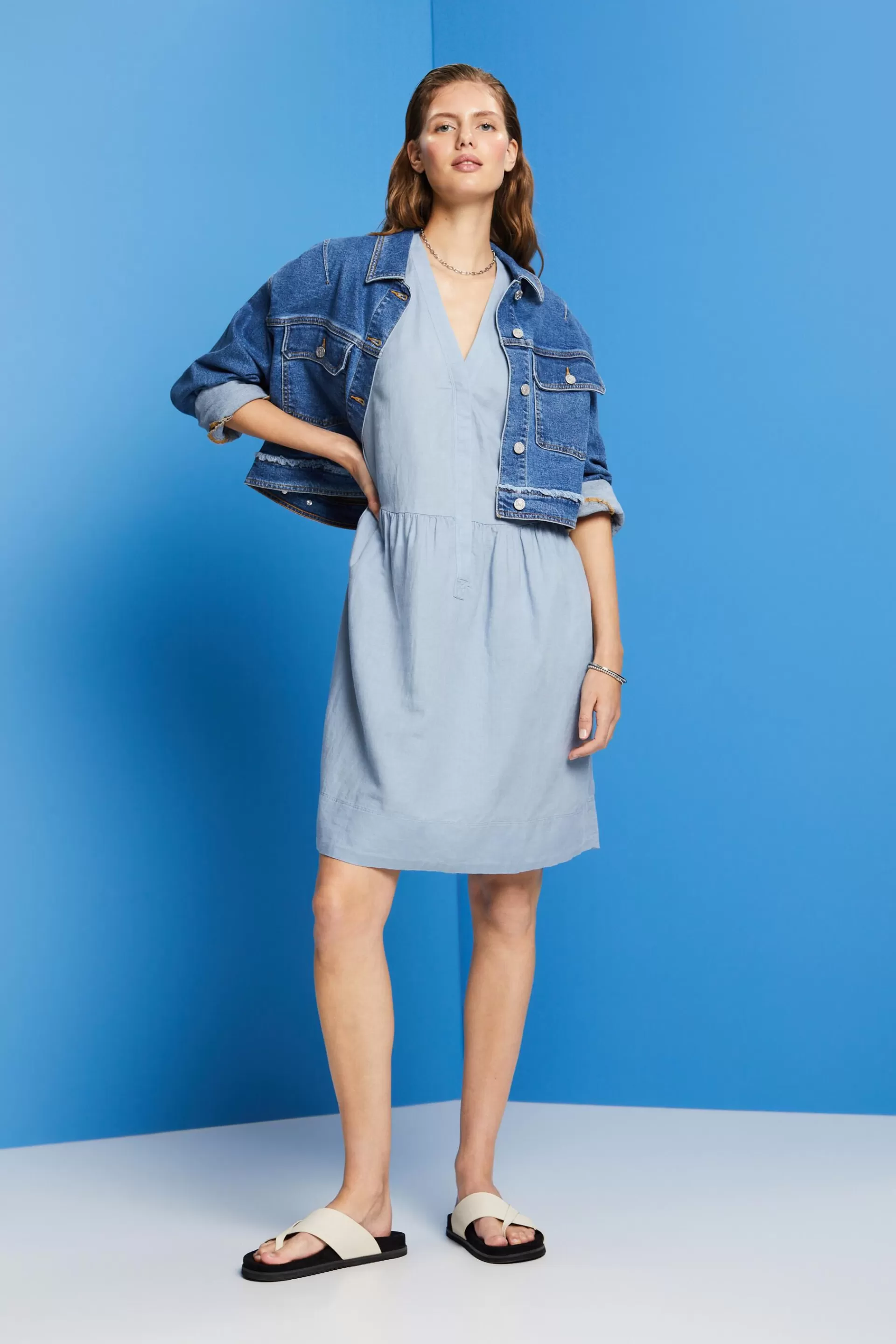 Knielanges Kleid, Baumwolle-Leinen-Mix-ESPRIT Outlet