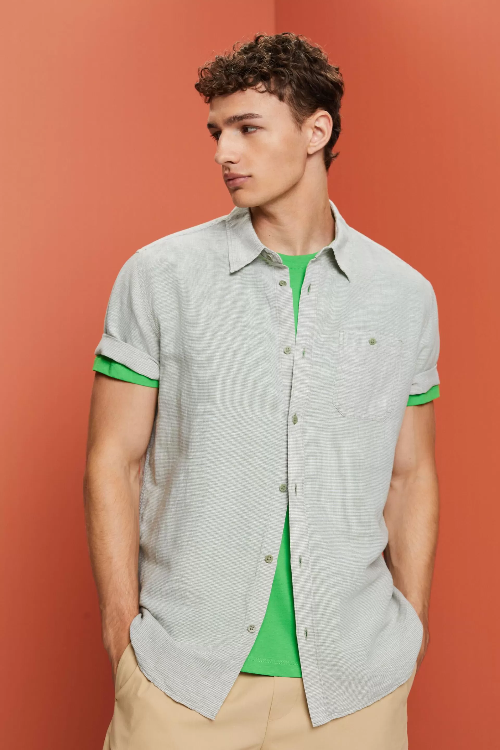Kurzarm-Hemd mit Hahnentrittmuster, Leinen-Mix-ESPRIT Discount