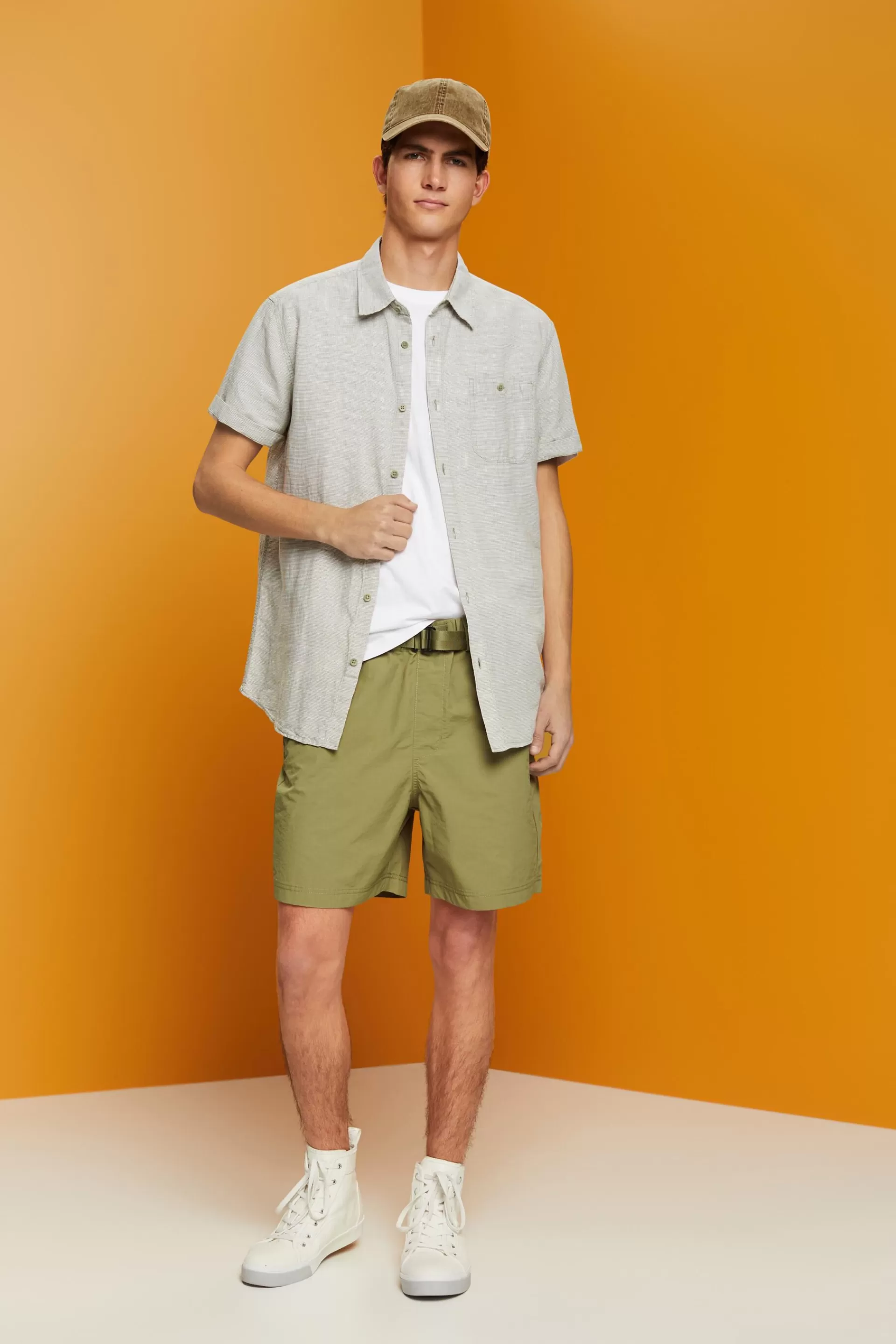 Kurzarm-Hemd mit Hahnentrittmuster, Leinen-Mix-ESPRIT Discount