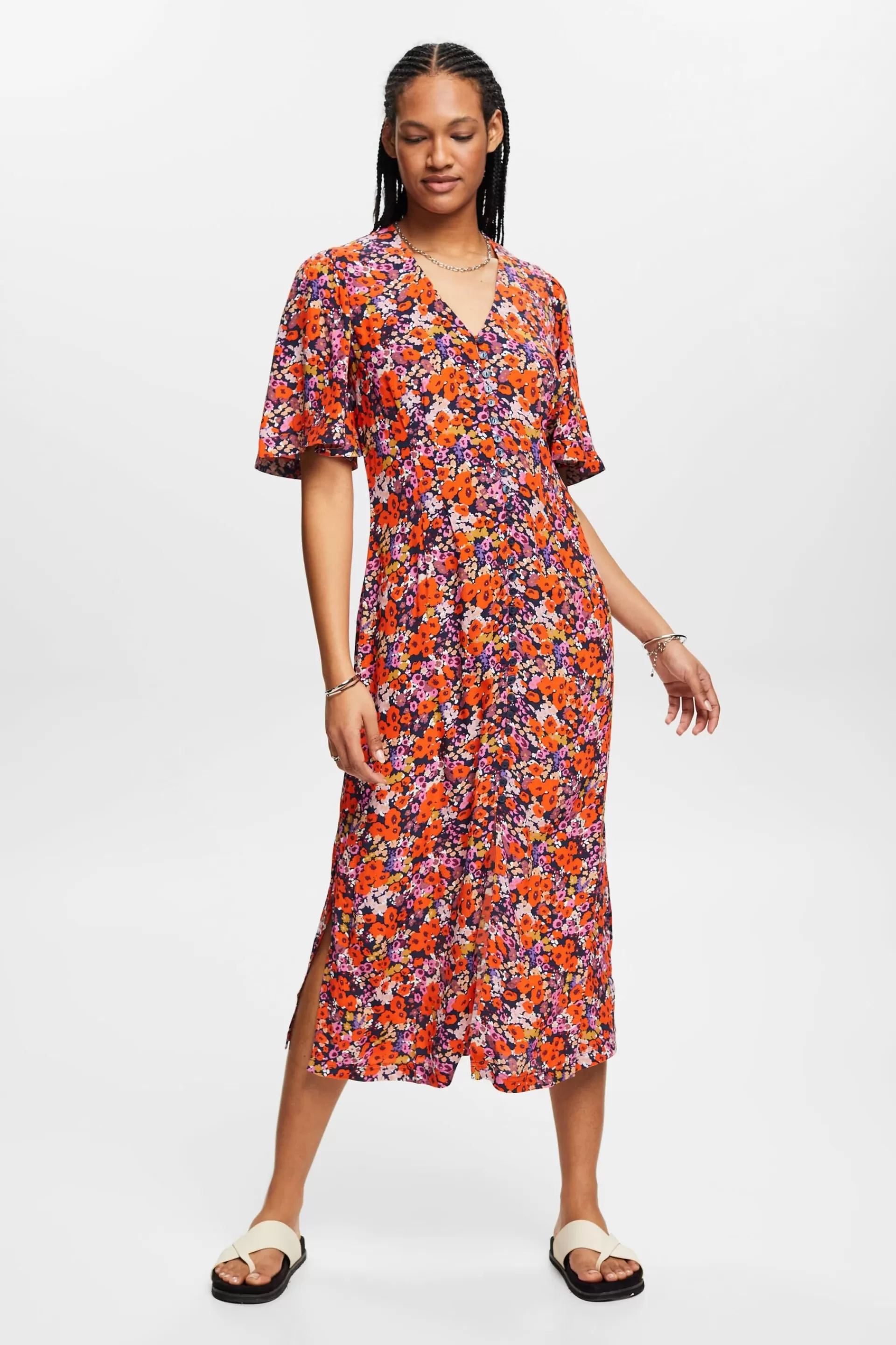 Kurzärmeliges Midikleid mit Blumenmuster-ESPRIT New