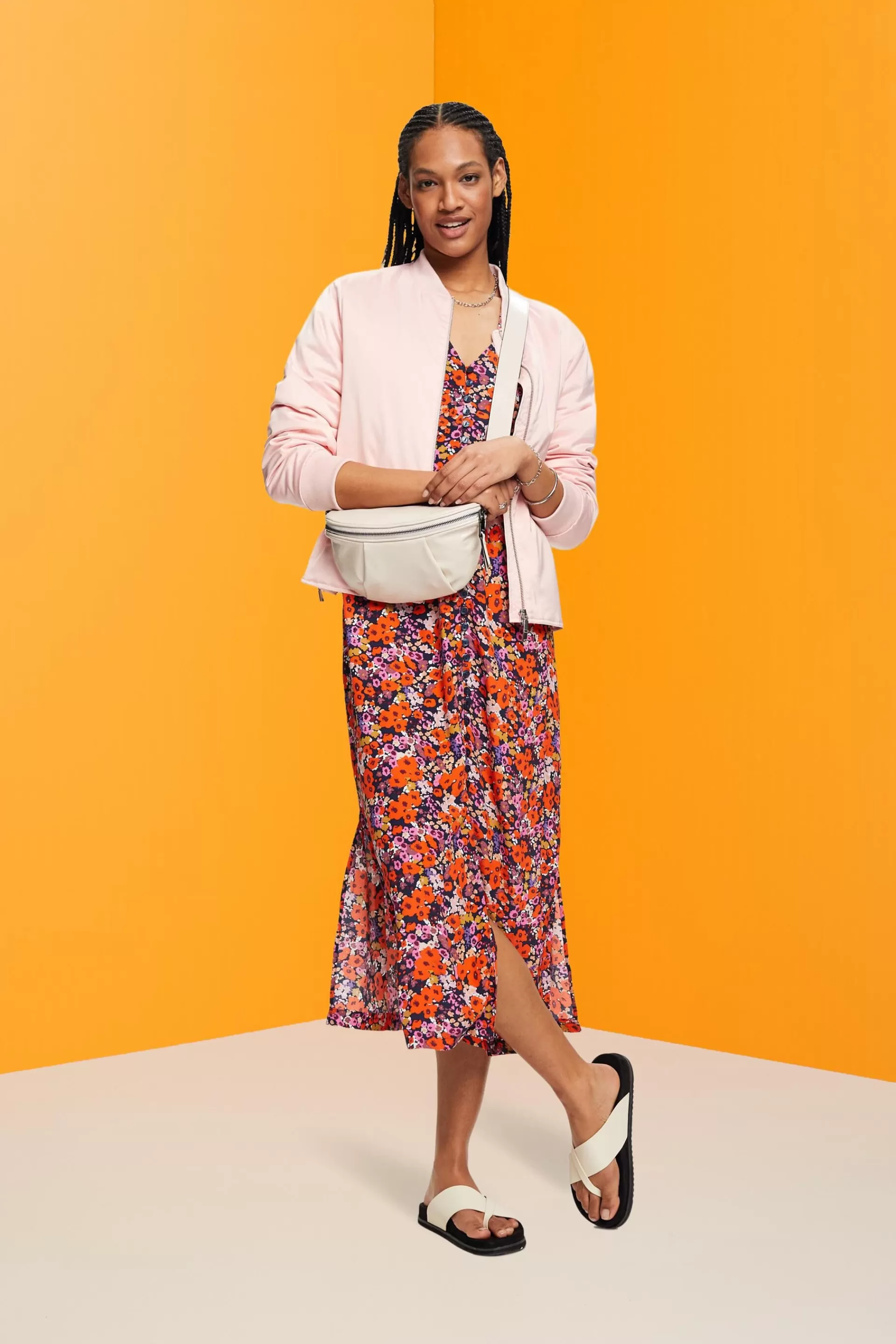Kurzärmeliges Midikleid mit Blumenmuster-ESPRIT New