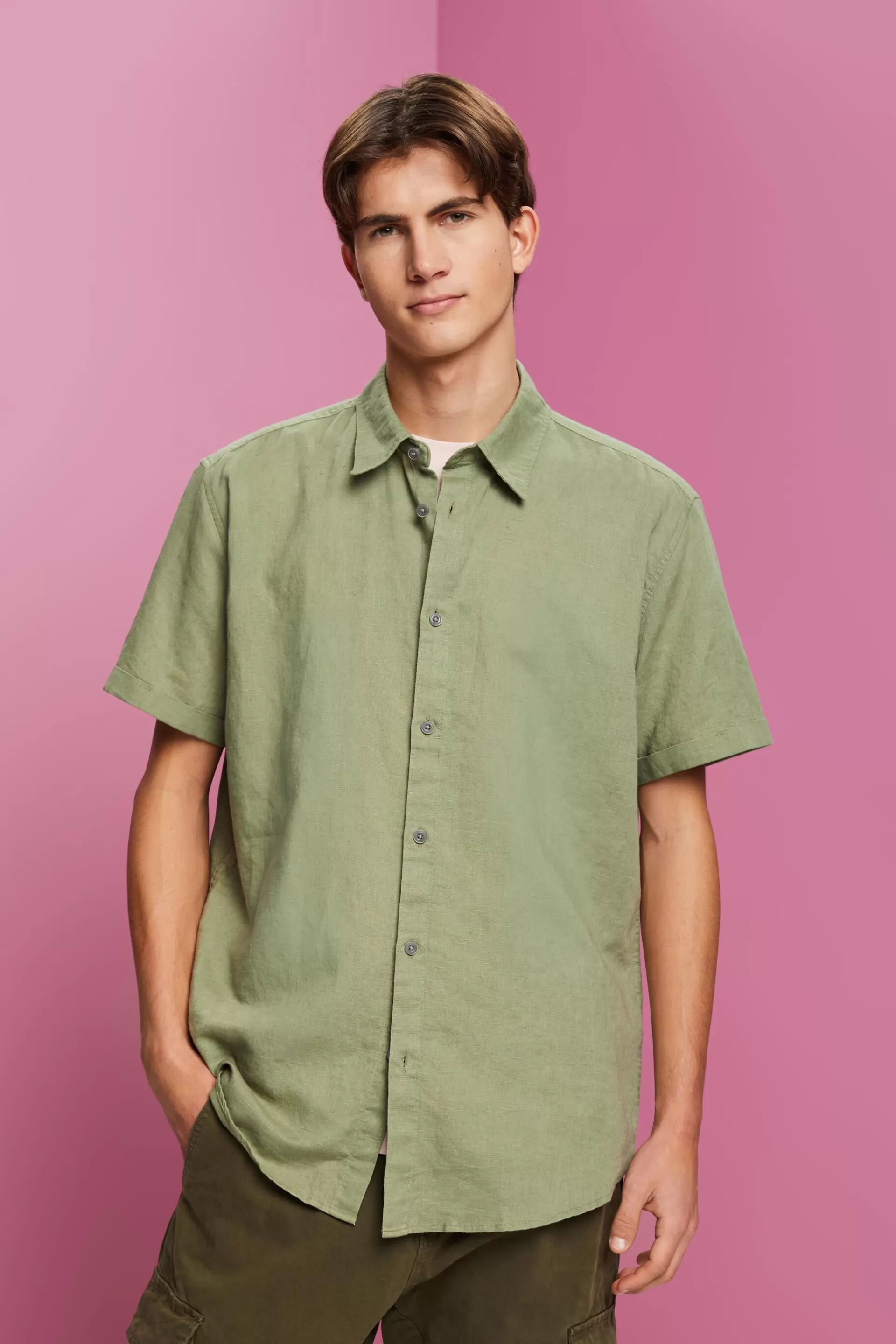 Kurzärmliges Hemd aus Baumwolle-Leinen-Mix-ESPRIT Store
