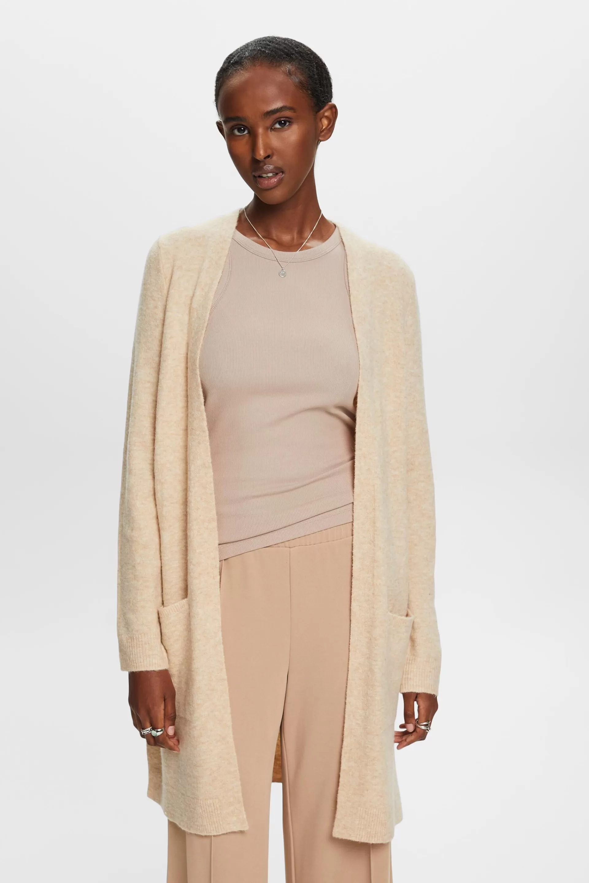 Langer, offener Cardigan aus Wollmix-ESPRIT Store