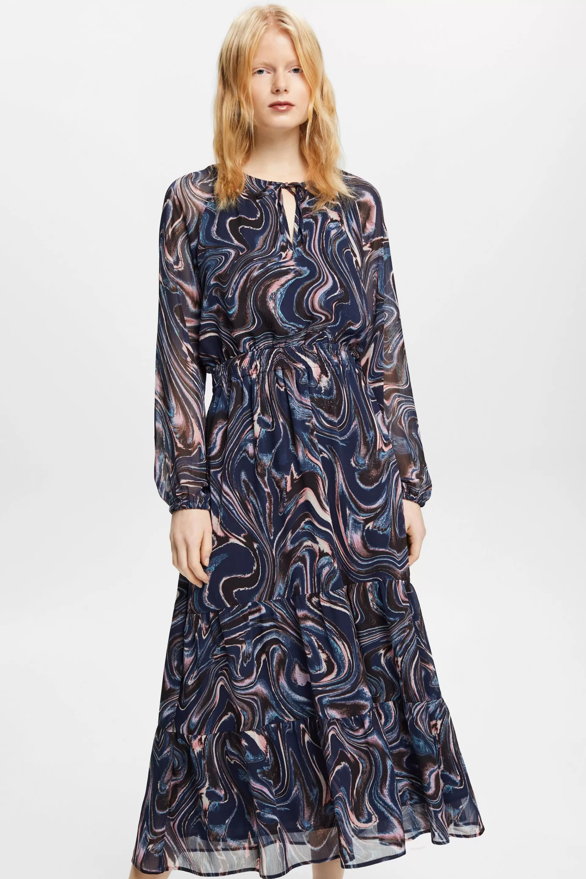 Maxikleid aus Crinkle-Chiffon mit Volant-Ärmeln-ESPRIT Discount