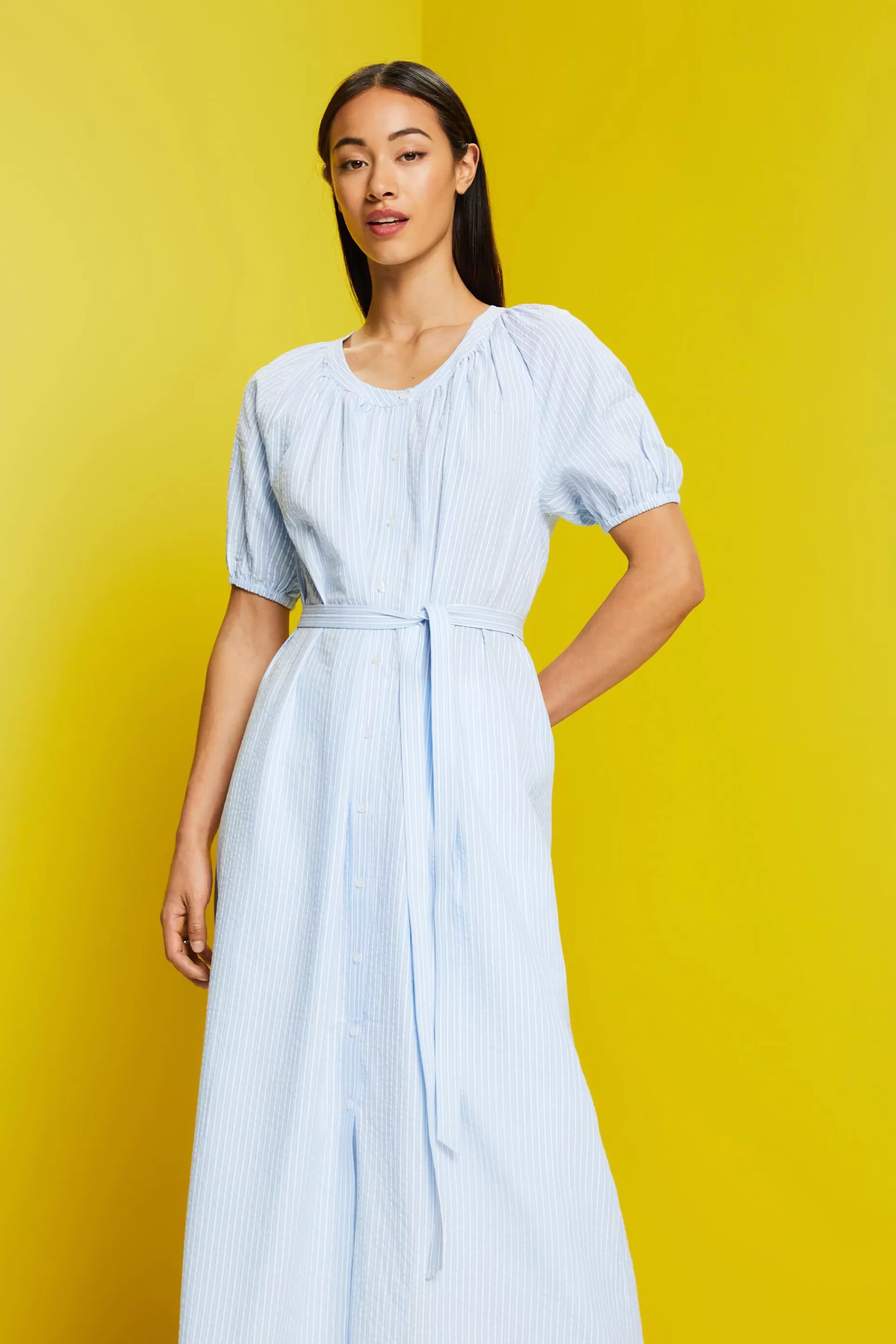 Midi-Hemdblusenkleid mit Bindegürtel, Baumwollmix-ESPRIT Shop