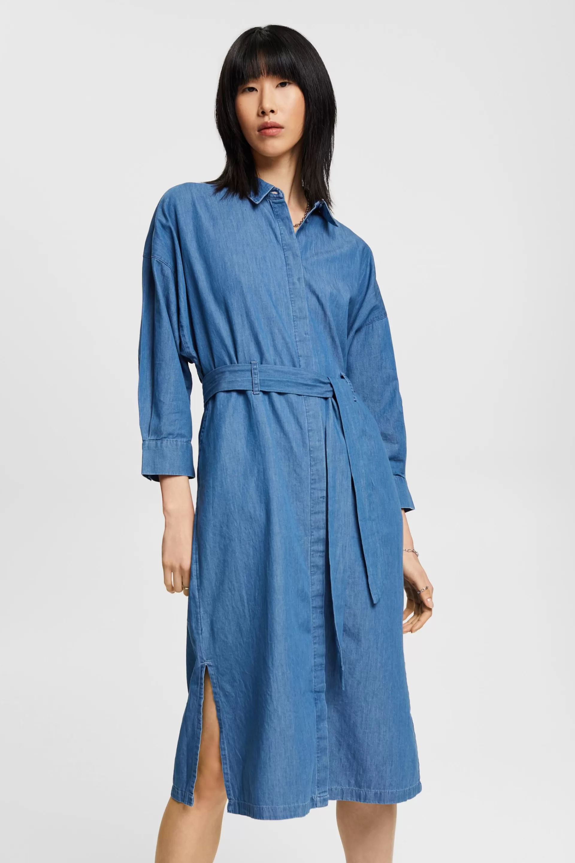Midikleid aus Baumwoll-Denim mit Bindegürtel-ESPRIT Cheap